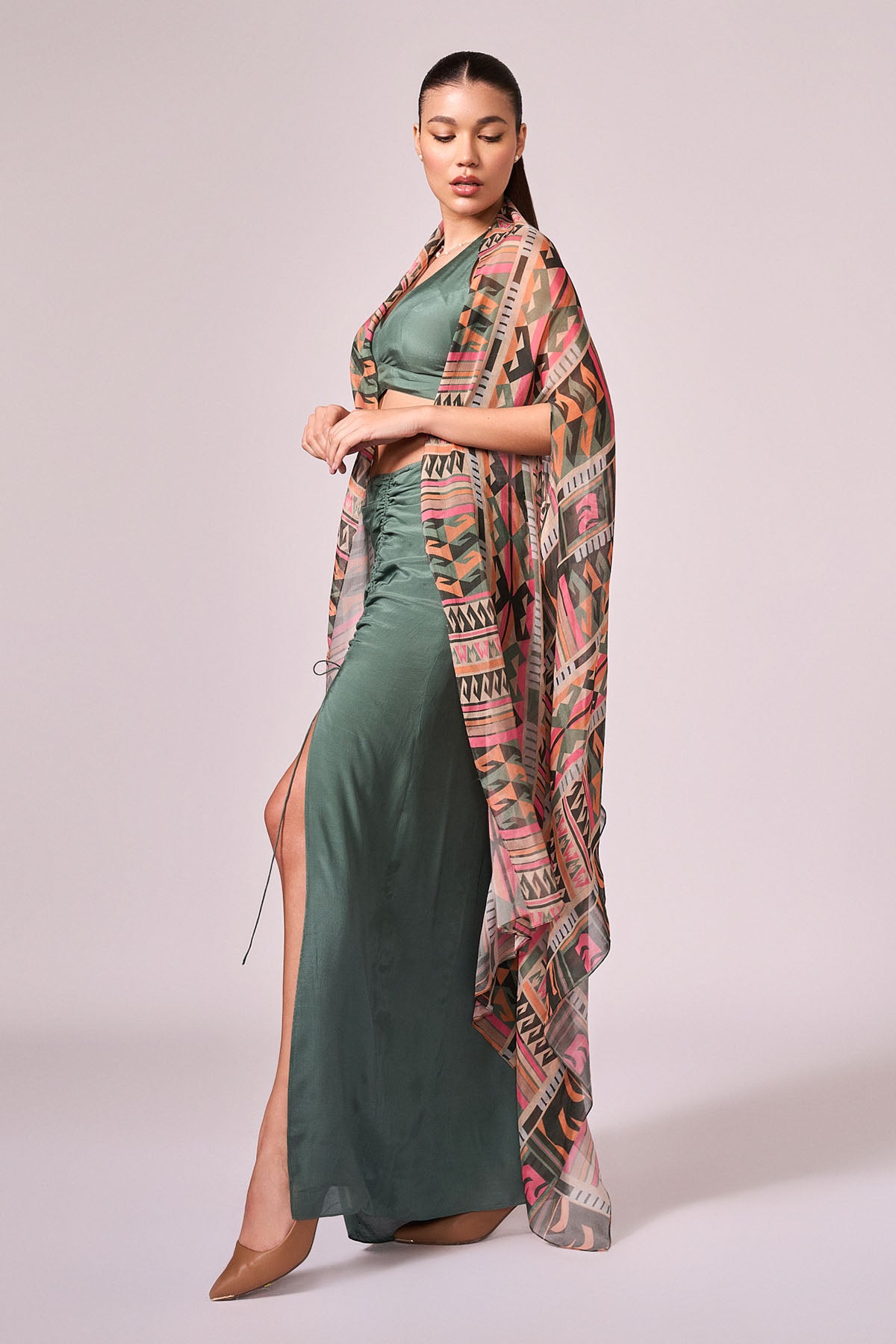 Green Viscose Ruched Slit Skirt