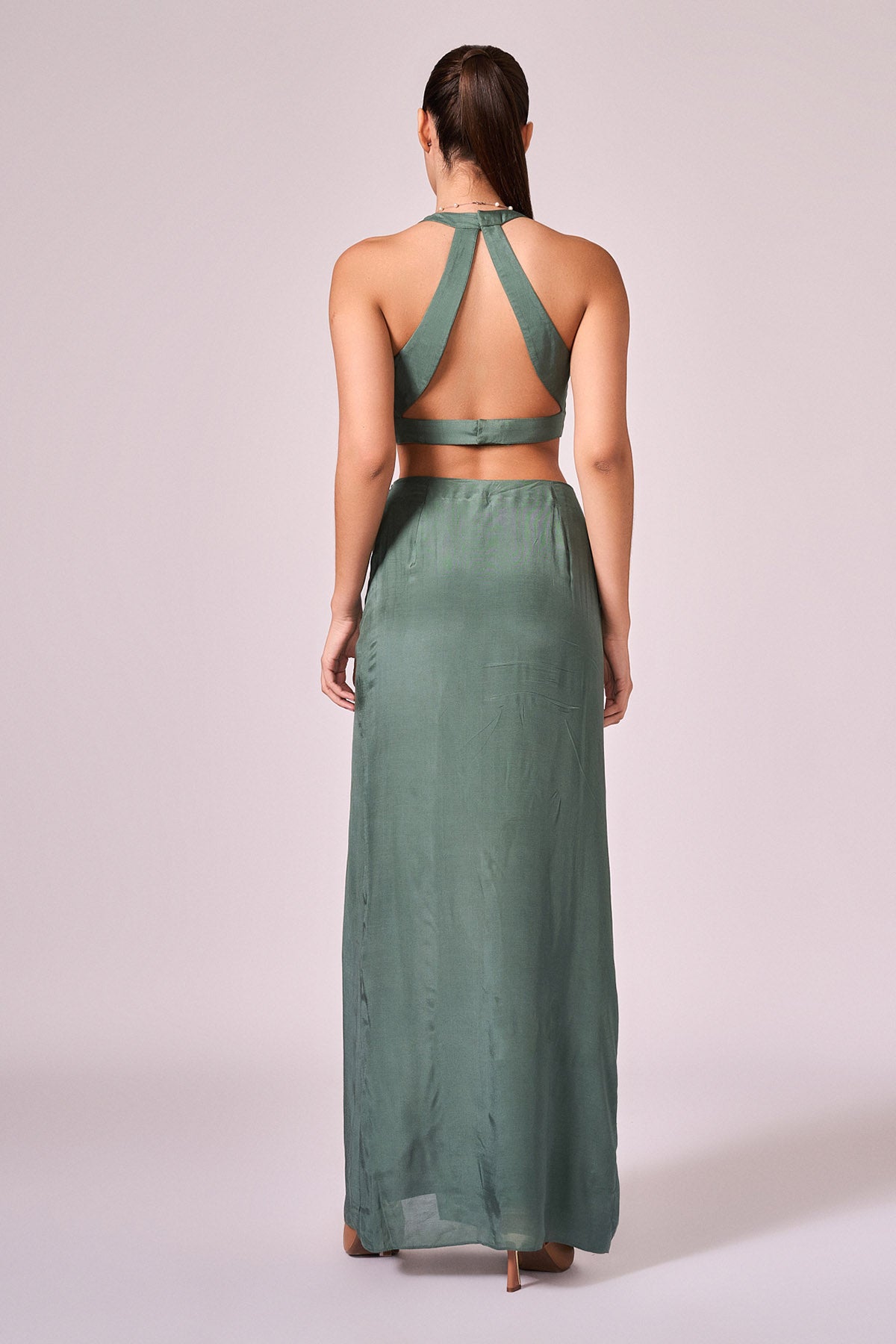 Green Viscose Ruched Slit Skirt