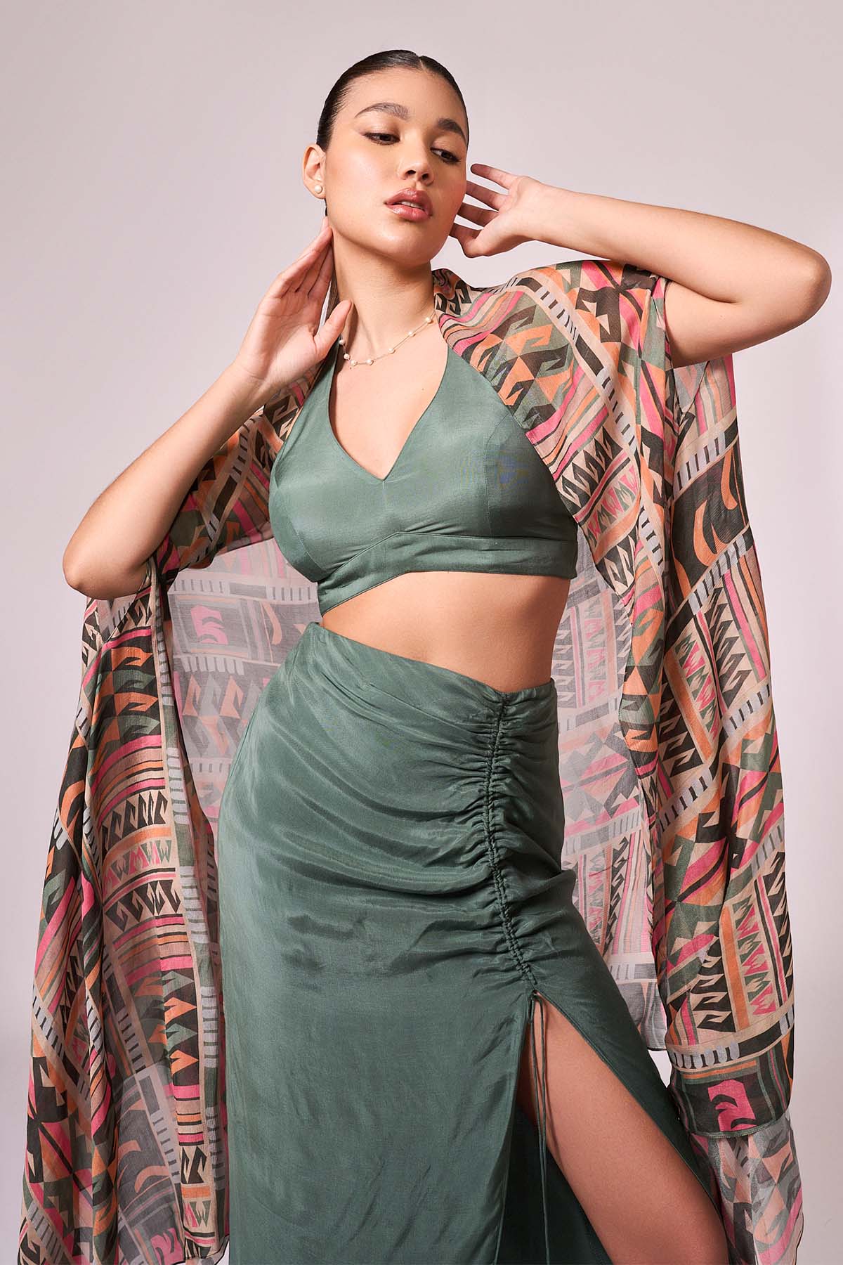 Green Viscose Ruched Slit Skirt