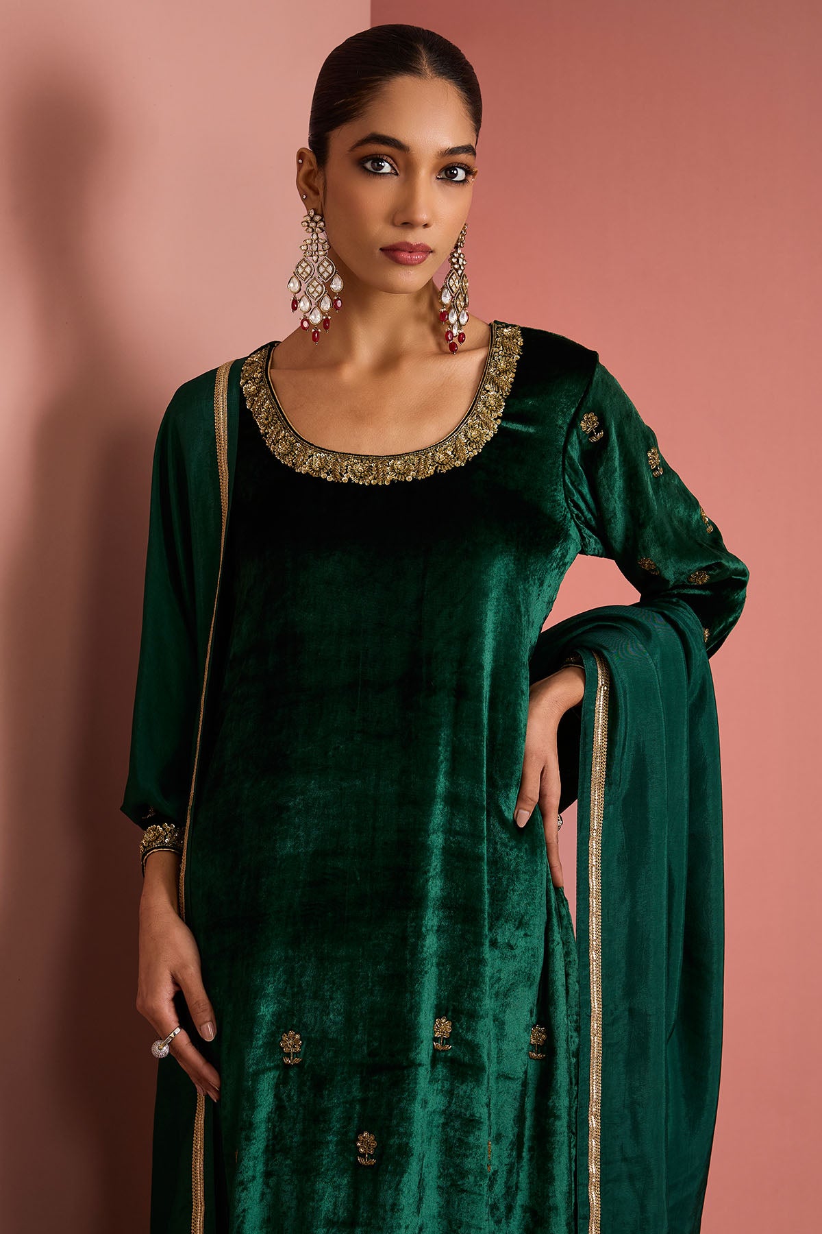 Green Viscose Velvet Kurta Set