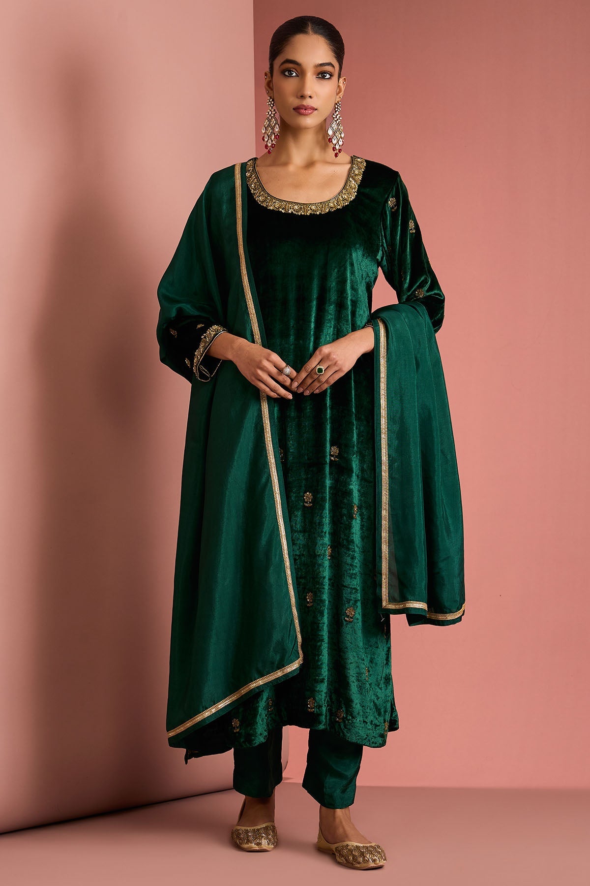 Buy Green Viscose Velvet Kurta Set for women by Milu Madan online available at scrollnshops