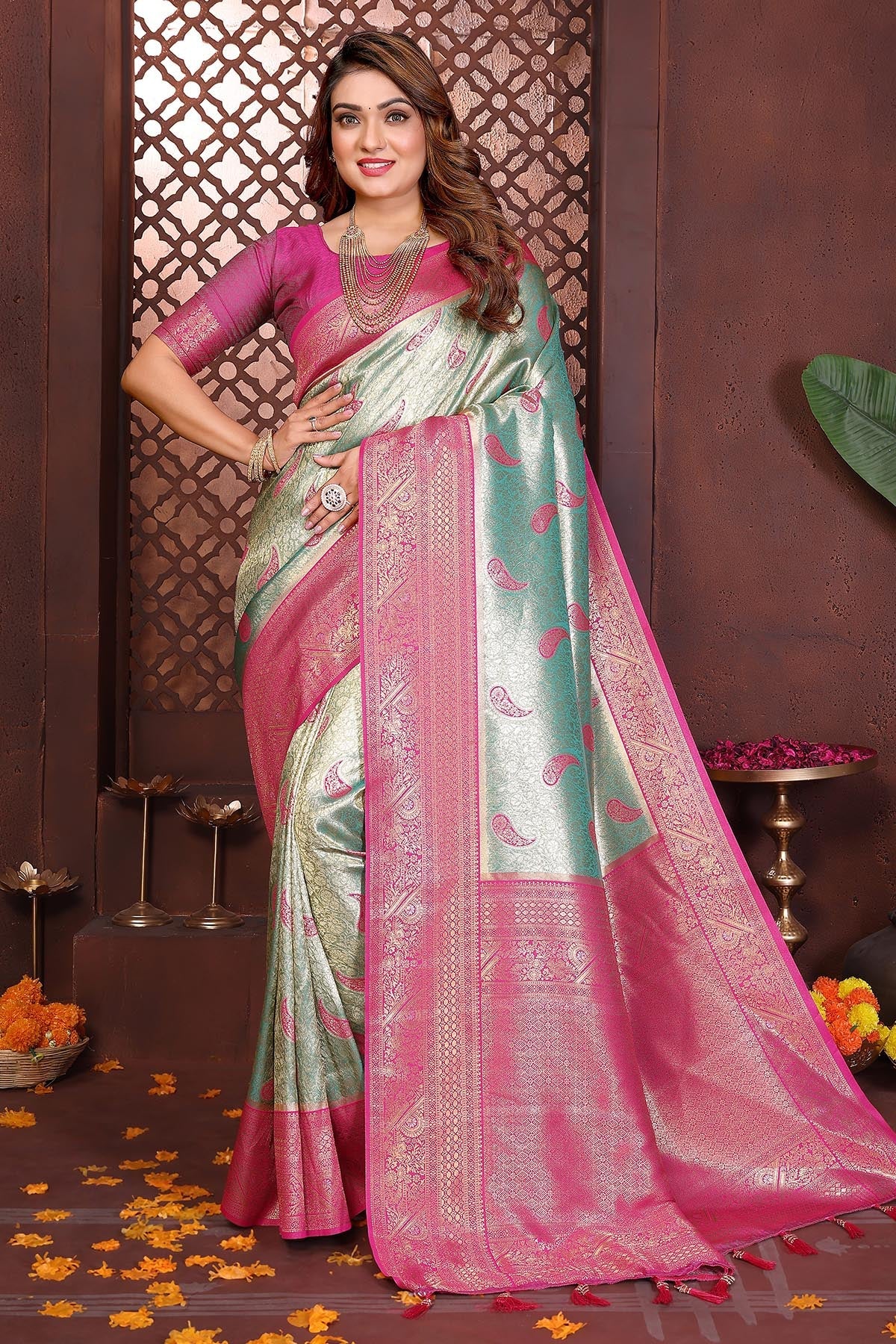 Buy Green Weaving Tissue Silk Saree for women by Aastha Fashion online available at scrollnshops