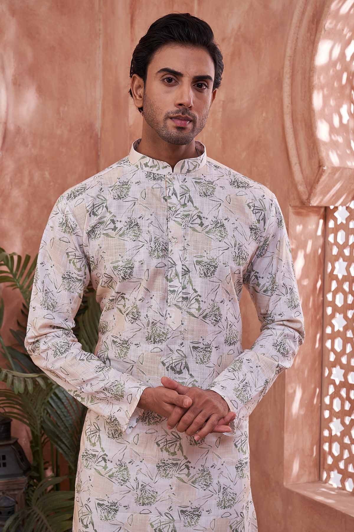 Green White Cotton Print Kurta
