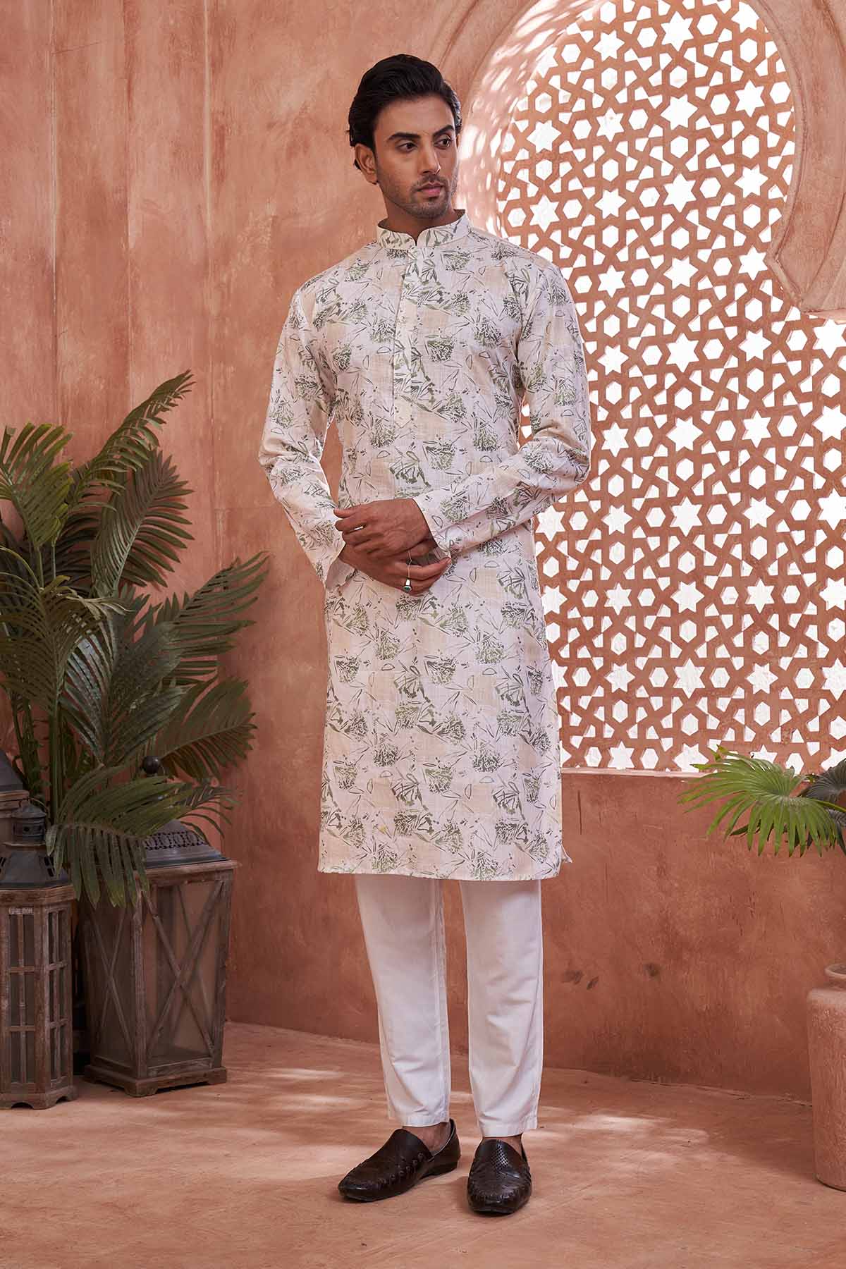 Buy Green White Cotton Print Kurta by SNEHA B - Men for online at ScrollnShops