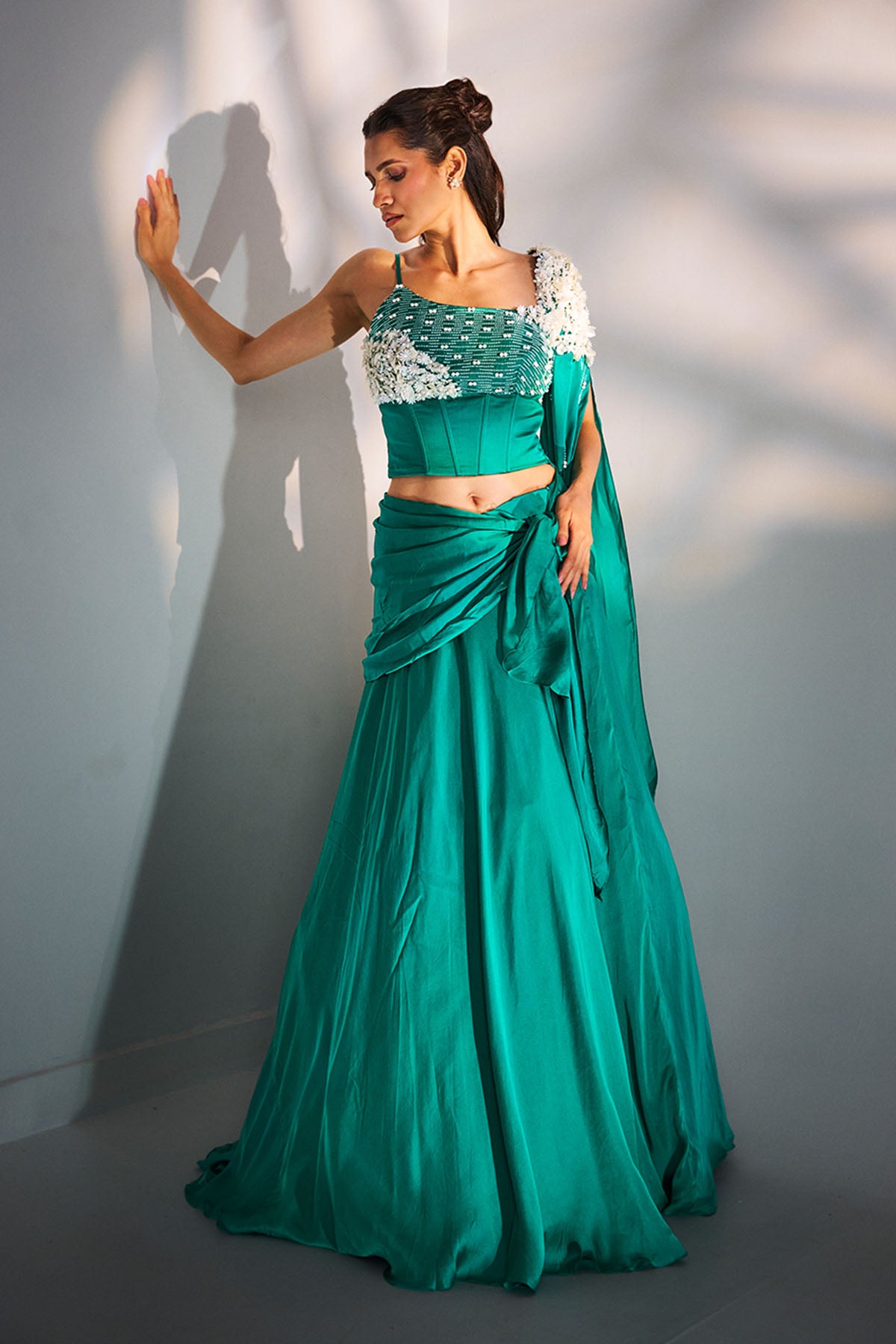 Green White Moti Lehenga Set