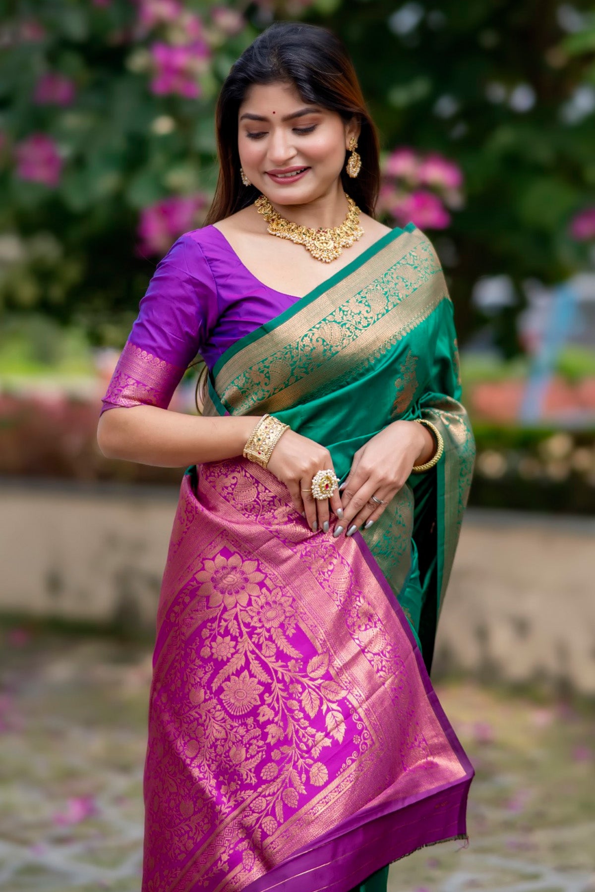 Green & Wine Zari Woven Saree