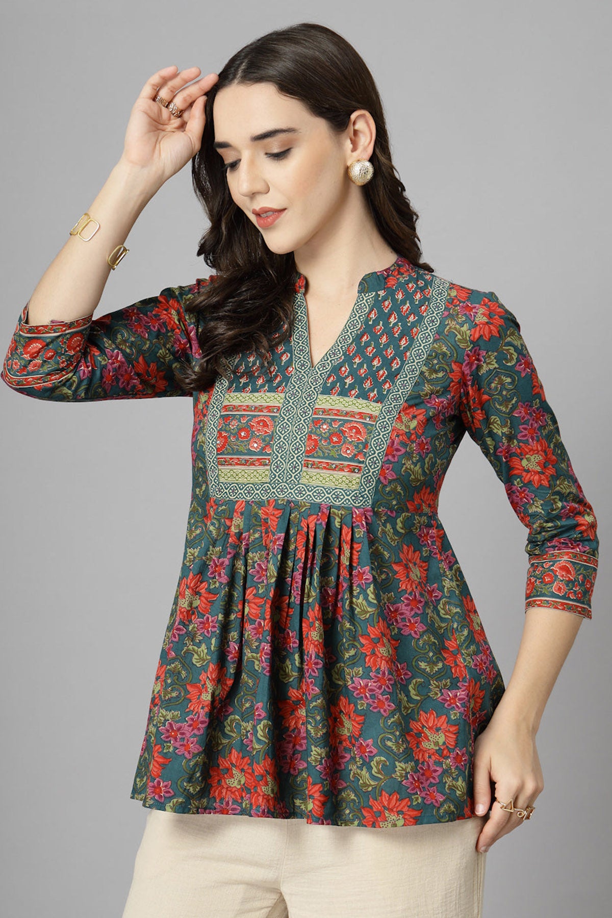 Green Woven Cotton A Line Top