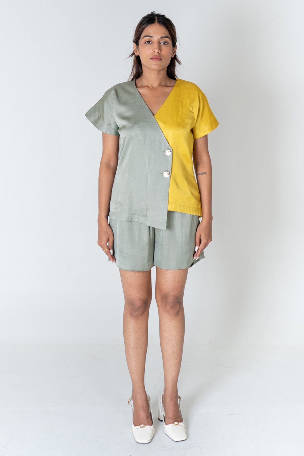 Neora by Nehal Chopra Green & Yellow Shirt & Shorts for women online at ScrollnShops
