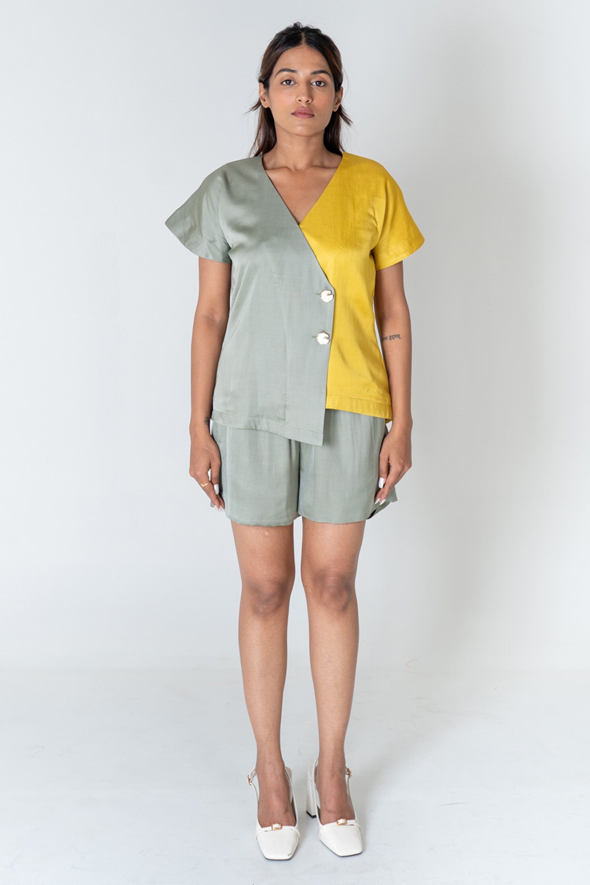 Buy Neora by Nehal ChopraGreen & Yellow Shirt & Shorts for Women Online