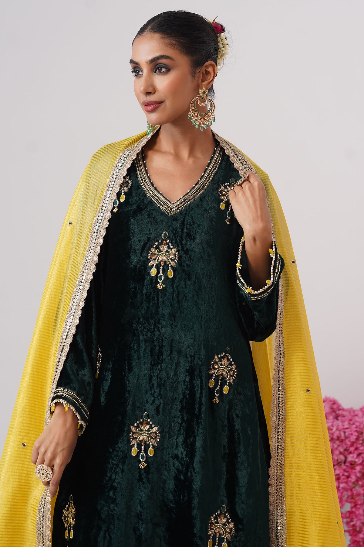 Green Yellow Zardozi Kurta Set
