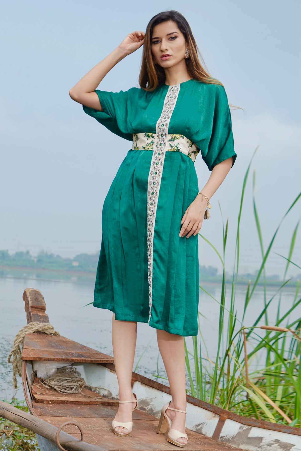 Sejal Kamdar Green Zardosi Embroidered Kaftan for women online at ScrollnShops