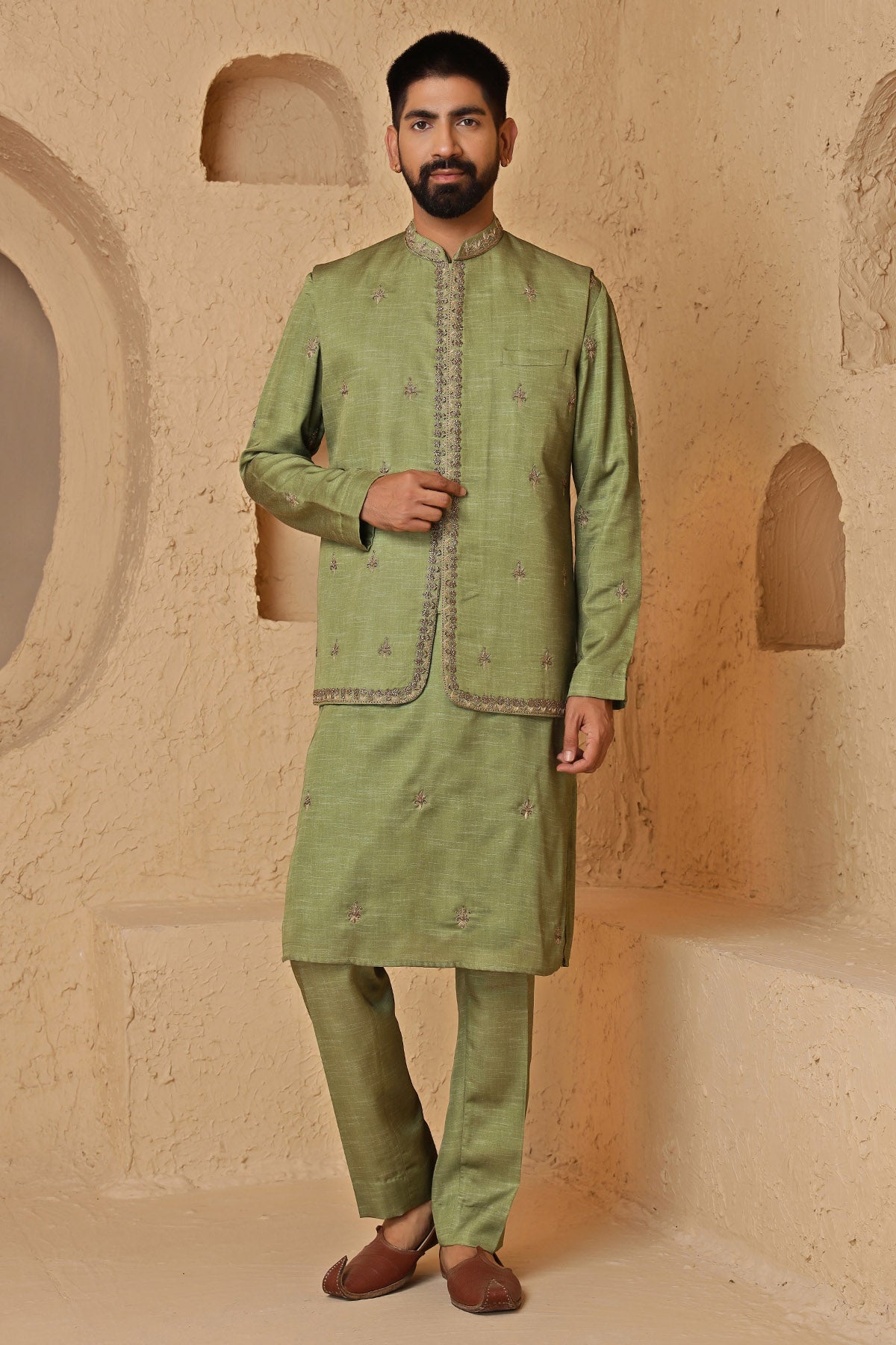 Buy Green Zardosi Kurta And Pants for Men by Designer Harshita Dhanawat available online at ScrollnShops