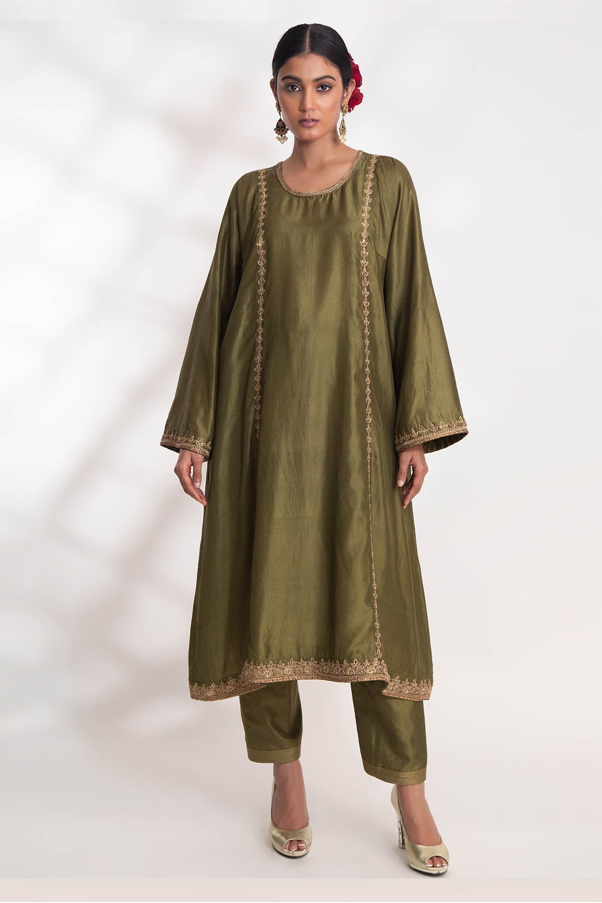 Chhaya Mehrotra Green Zardozi Flared Kurta Set for women online at ScrollnShops