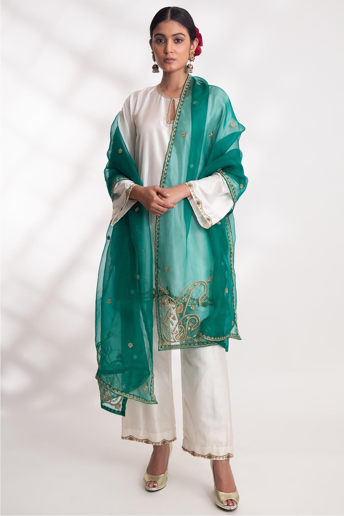 Chhaya Mehrotra Green Zardozi Floral Dupatta for accessories online at ScrollnShops