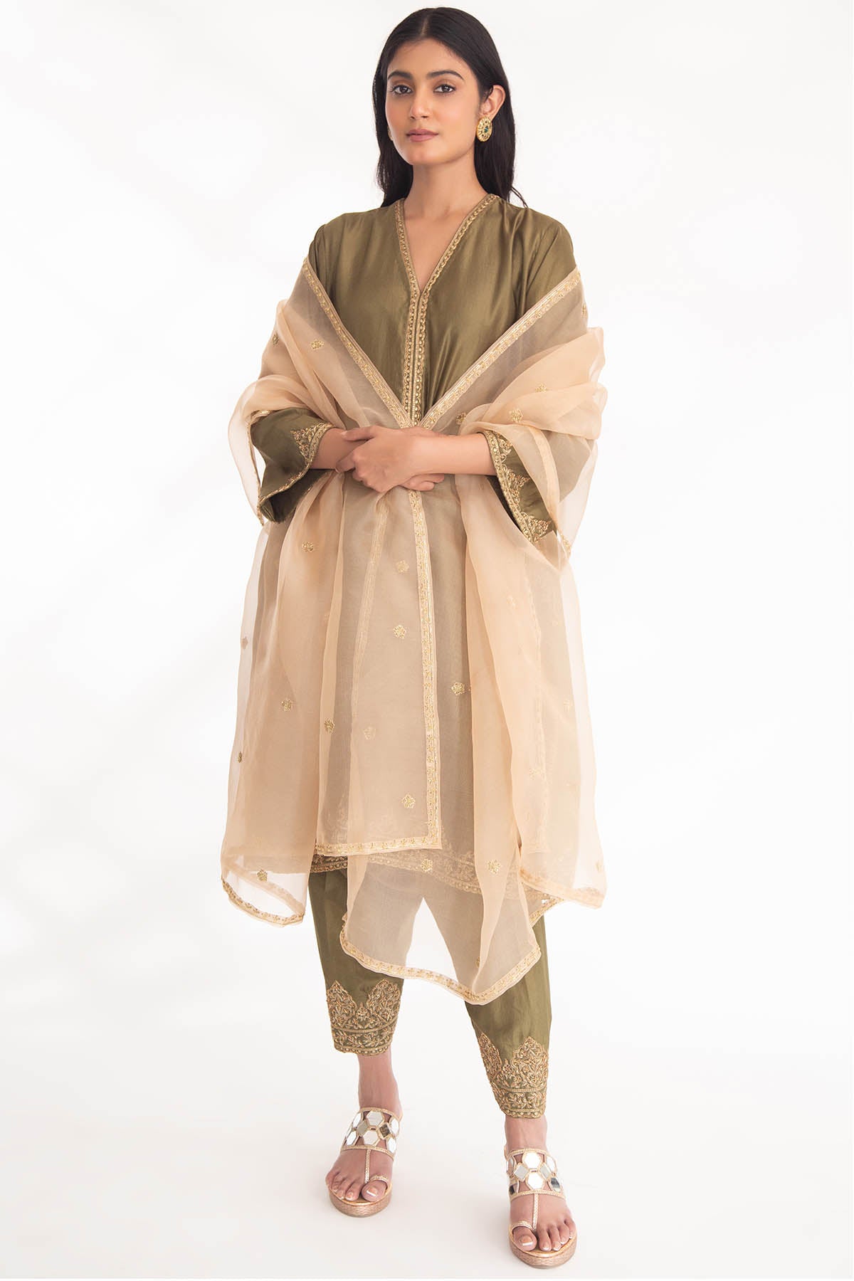 Green Zardozi V-Neck Kurta Set