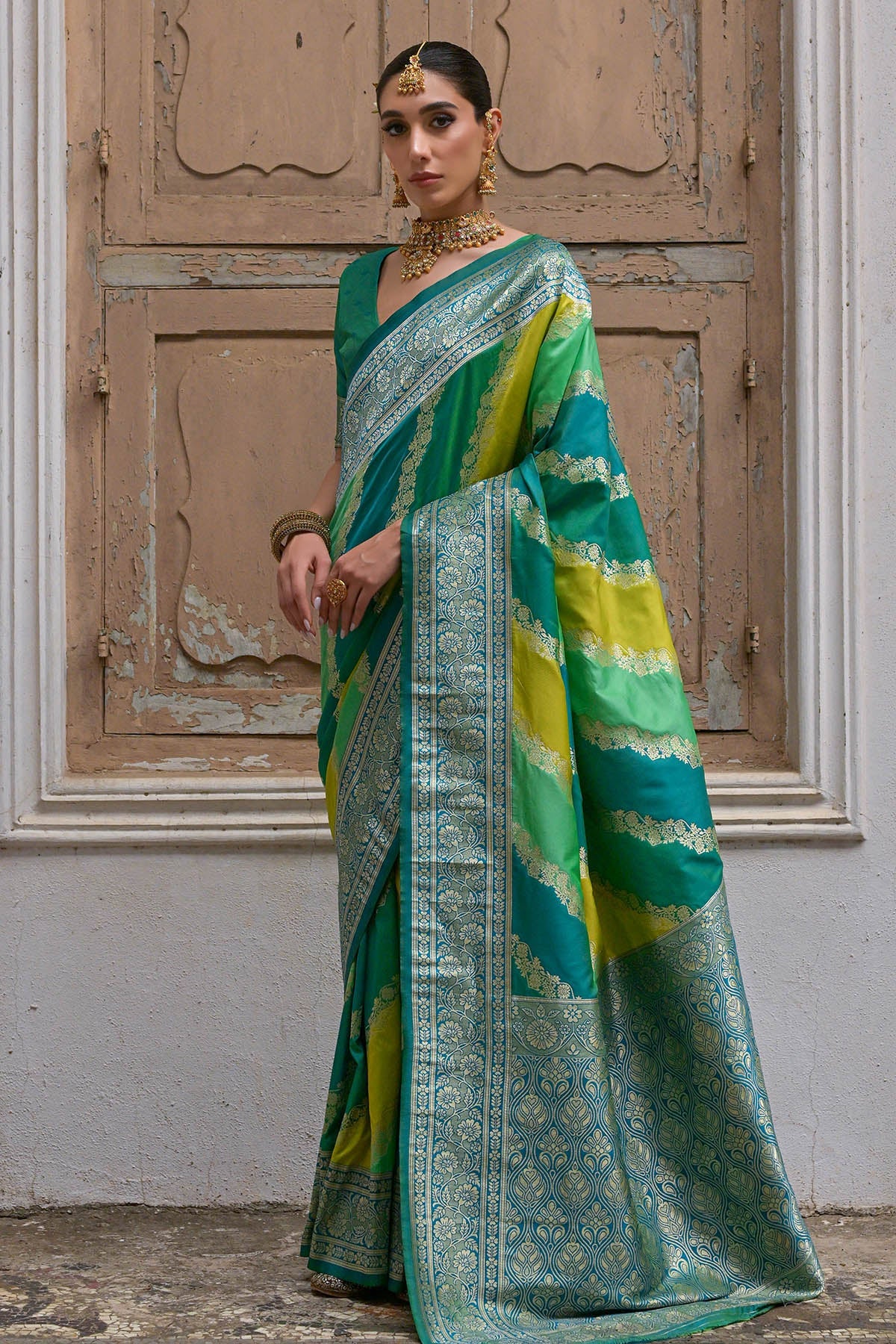 Buy Green Zari Banarasi Silk Saree by Lili Lala for women online at ScrollnShops