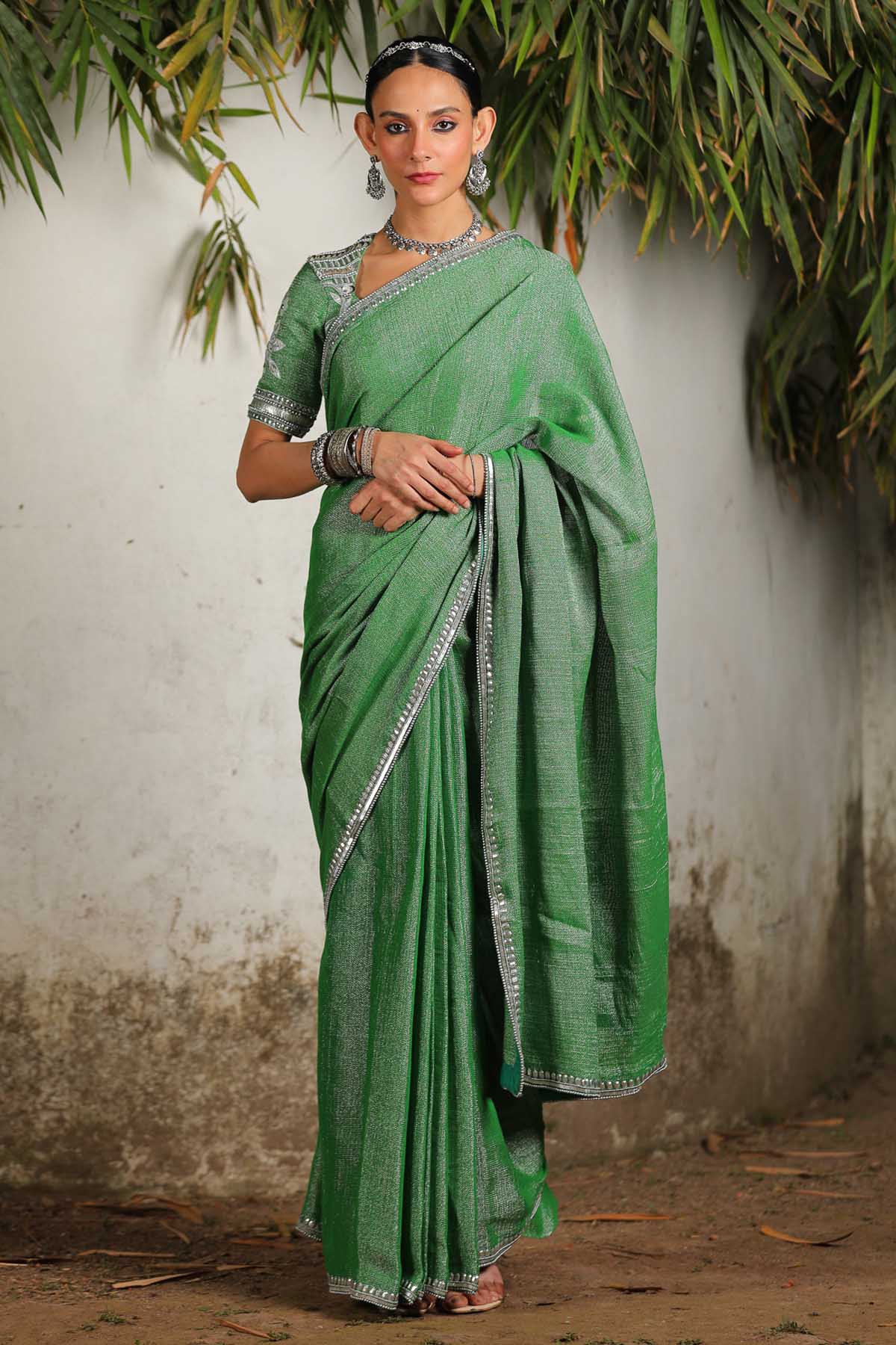 Saksham Neharicka Green Zari Embroidered Saree Set for women online at ScrollnShops