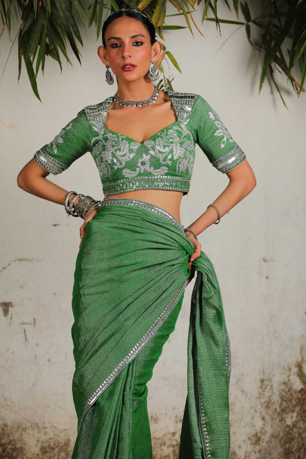 Green Zari Embroidered Saree Set