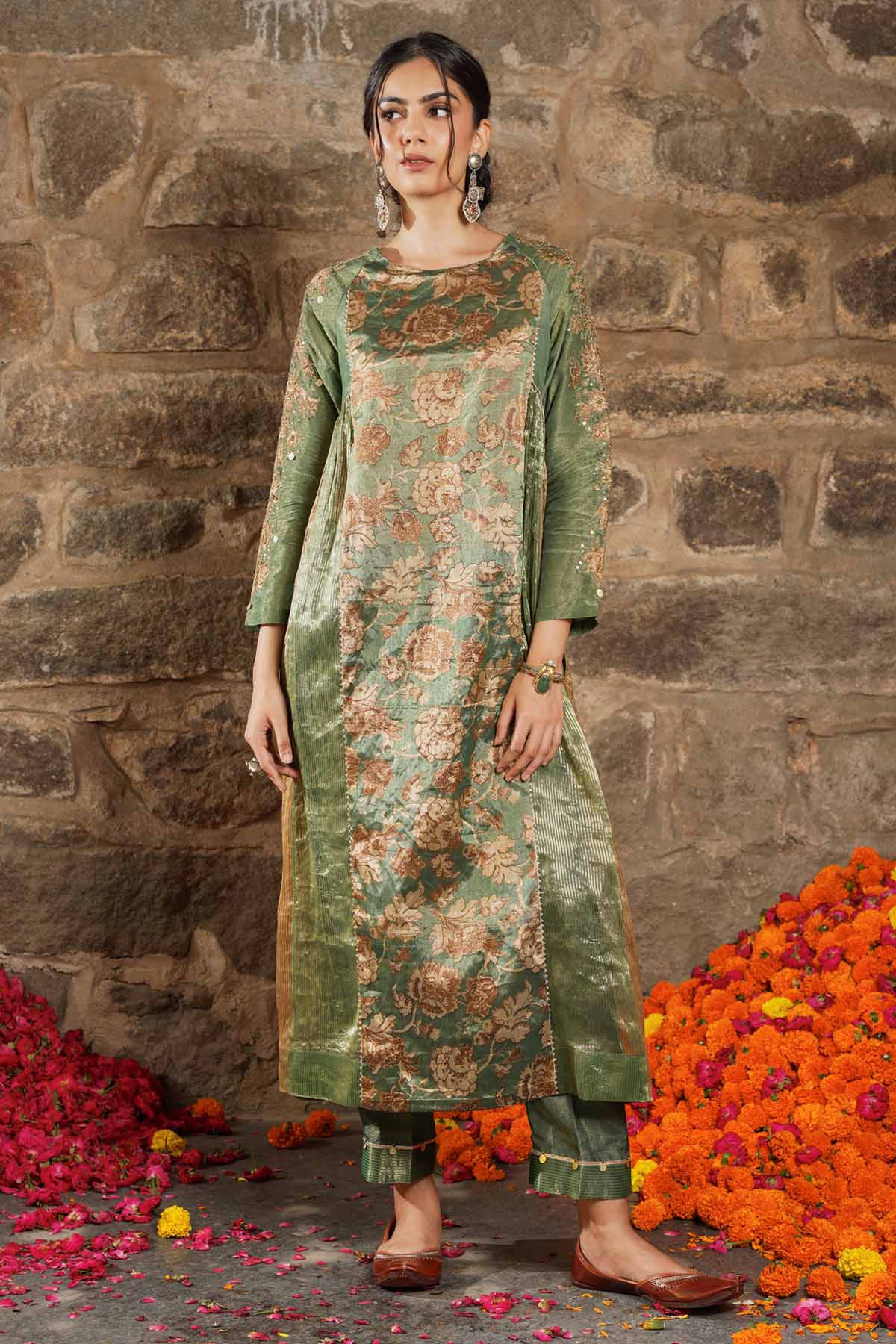 Seharre Green Zari Floral Kurta & Pants for women online at ScrollnShops