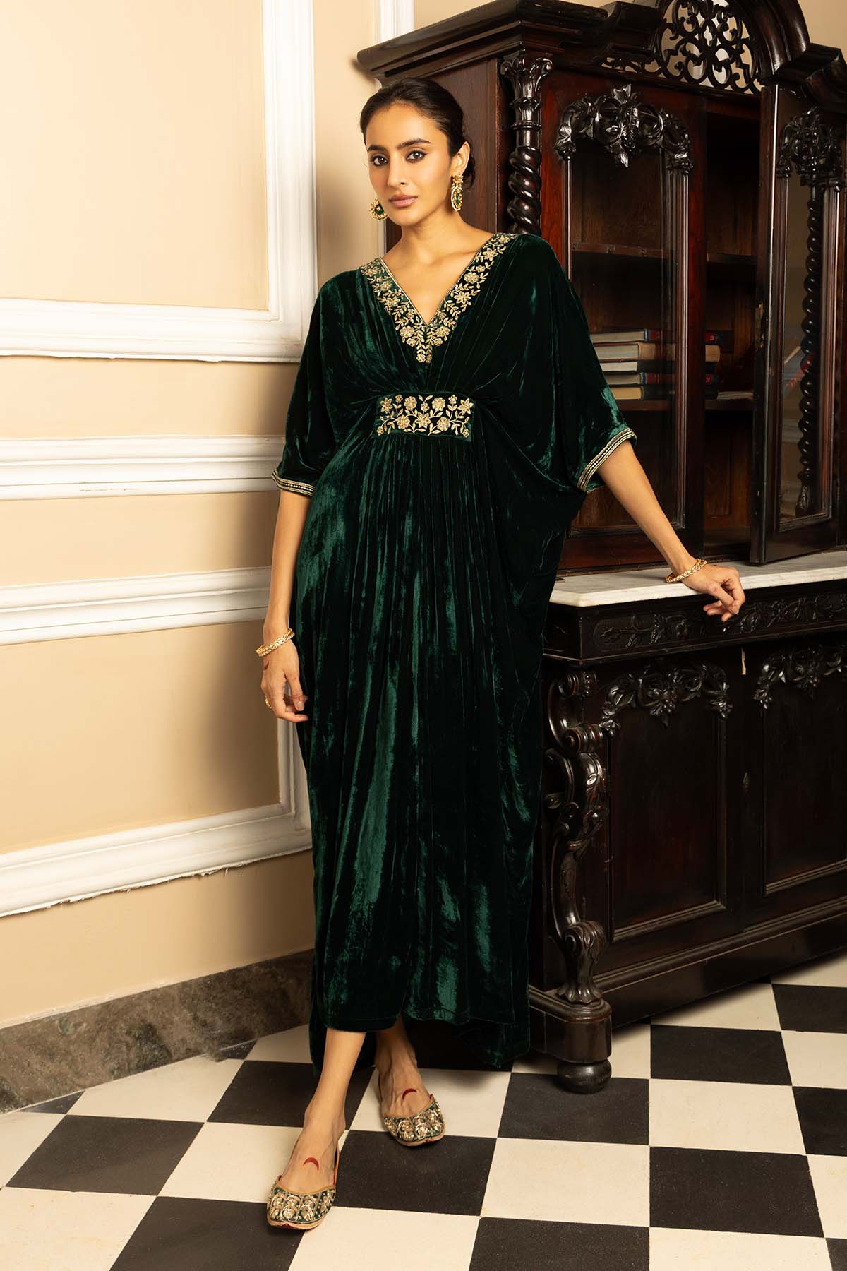 Buy Green Zari Silk Velvet Kaftan by Dohr India for women online at ScrollnShops