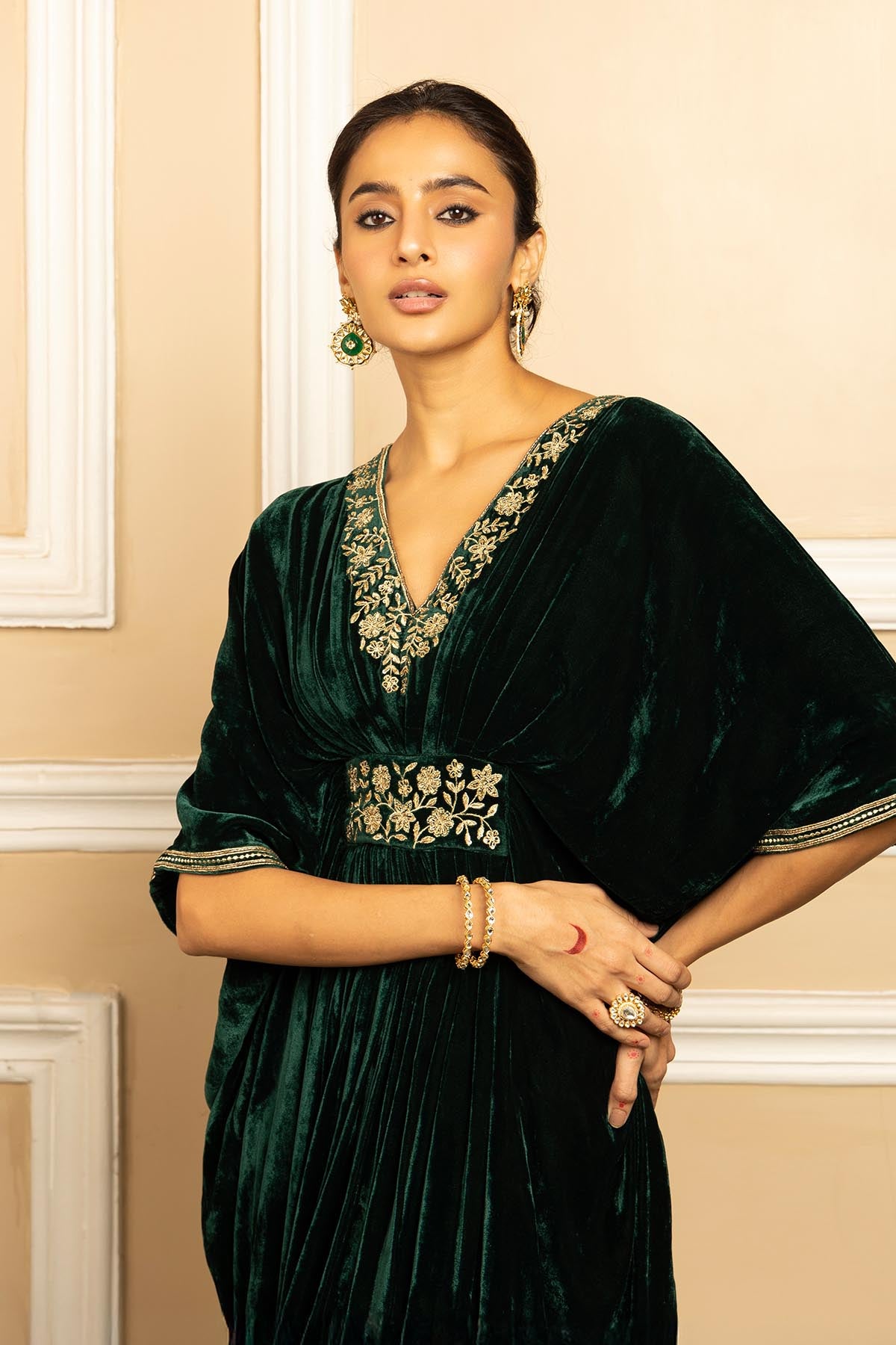 Green Zari Silk Velvet Kaftan
