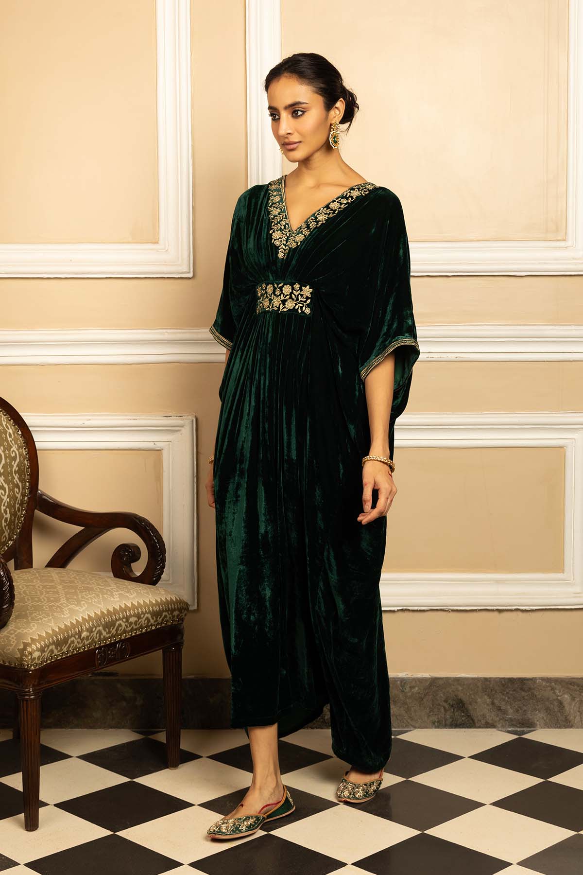 Green Zari Silk Velvet Kaftan