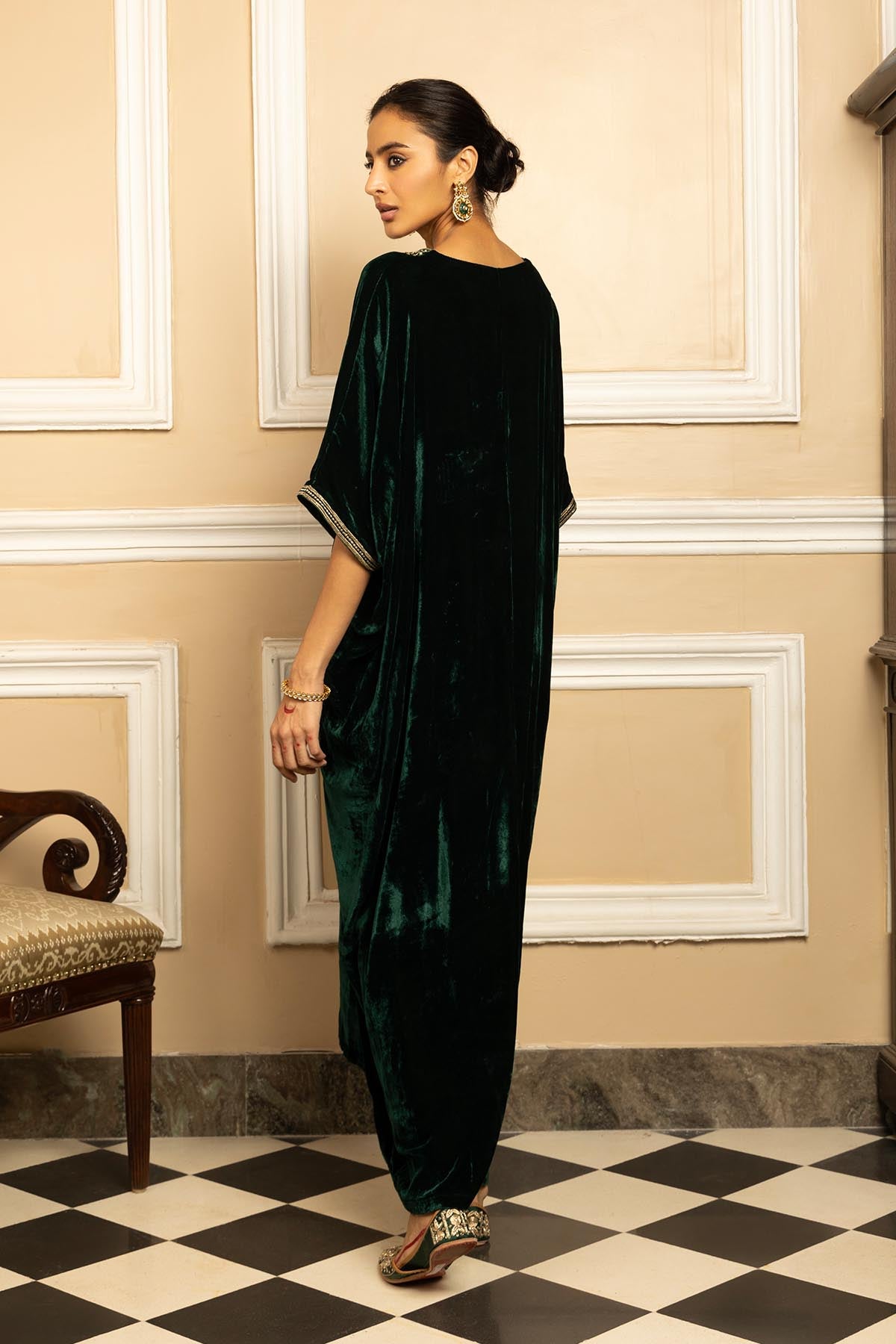 Green Zari Silk Velvet Kaftan