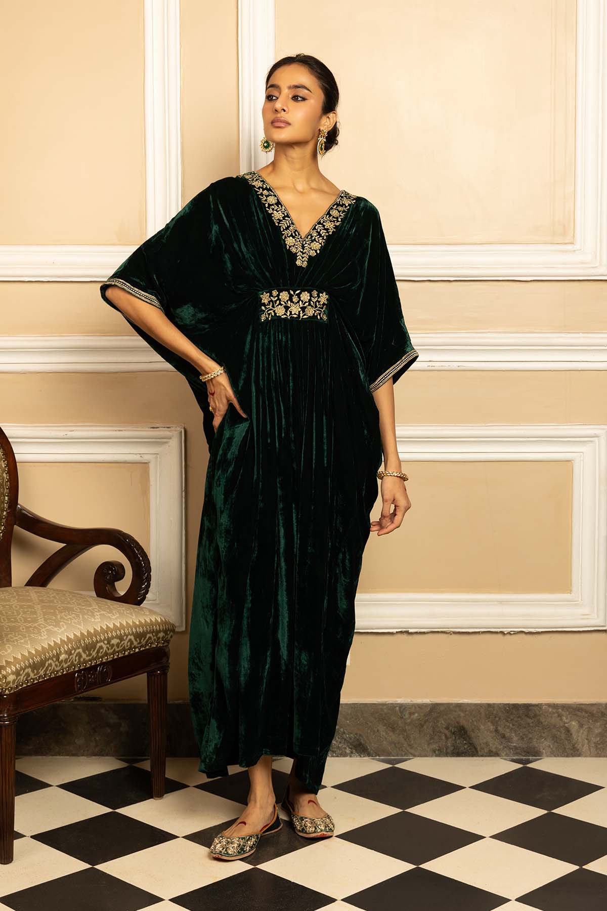 Green Zari Silk Velvet Kaftan