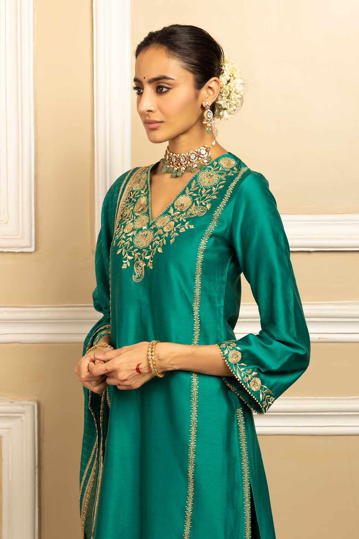 Green Zari Straight Kurta Set