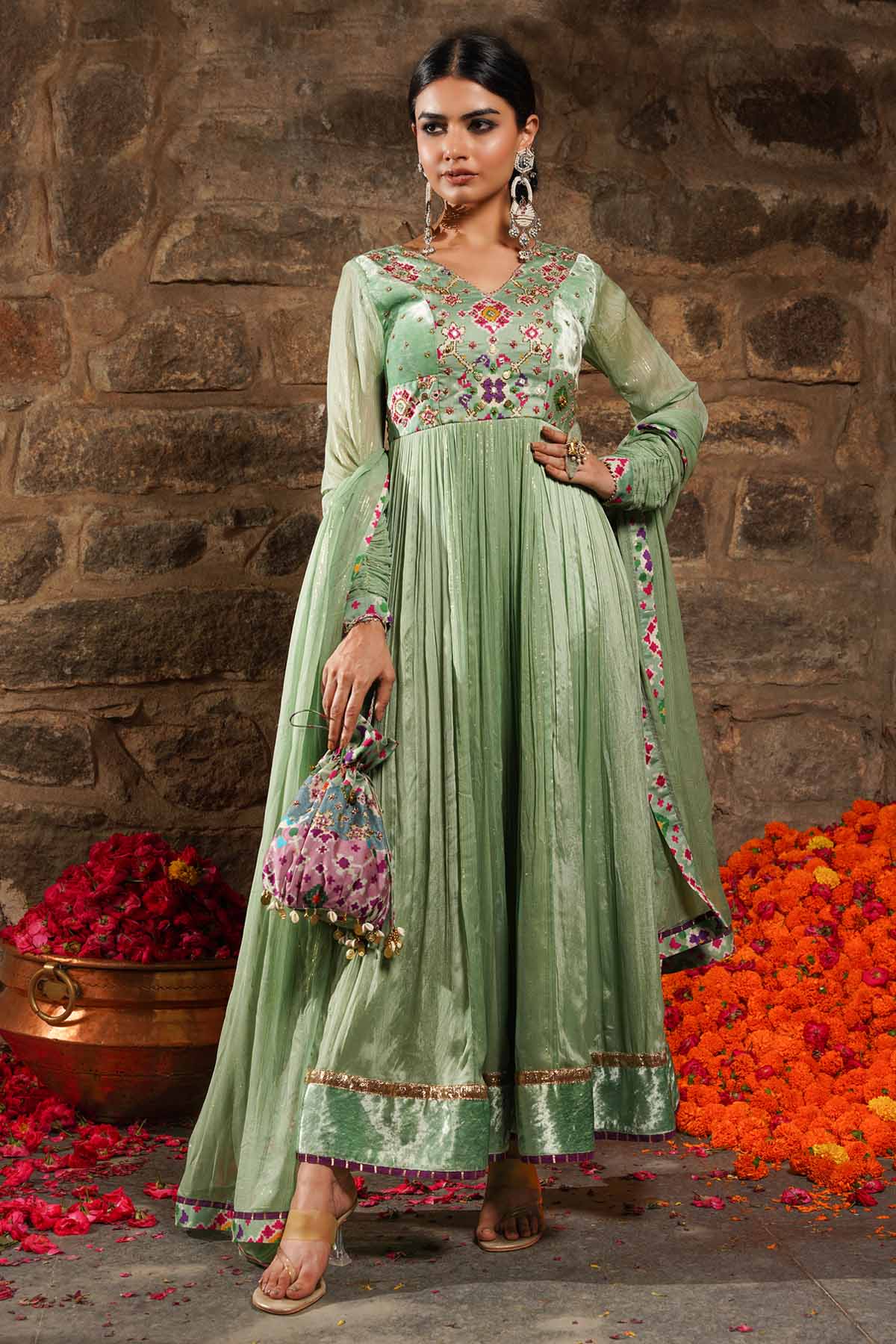 Seharre Green Zari Stripe Anarkali Set for women online at ScrollnShops