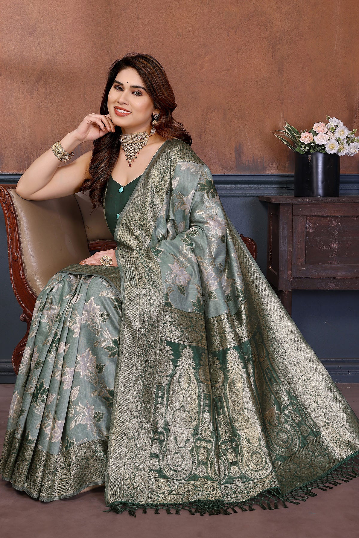 Green Zari Weave Tassel Saree