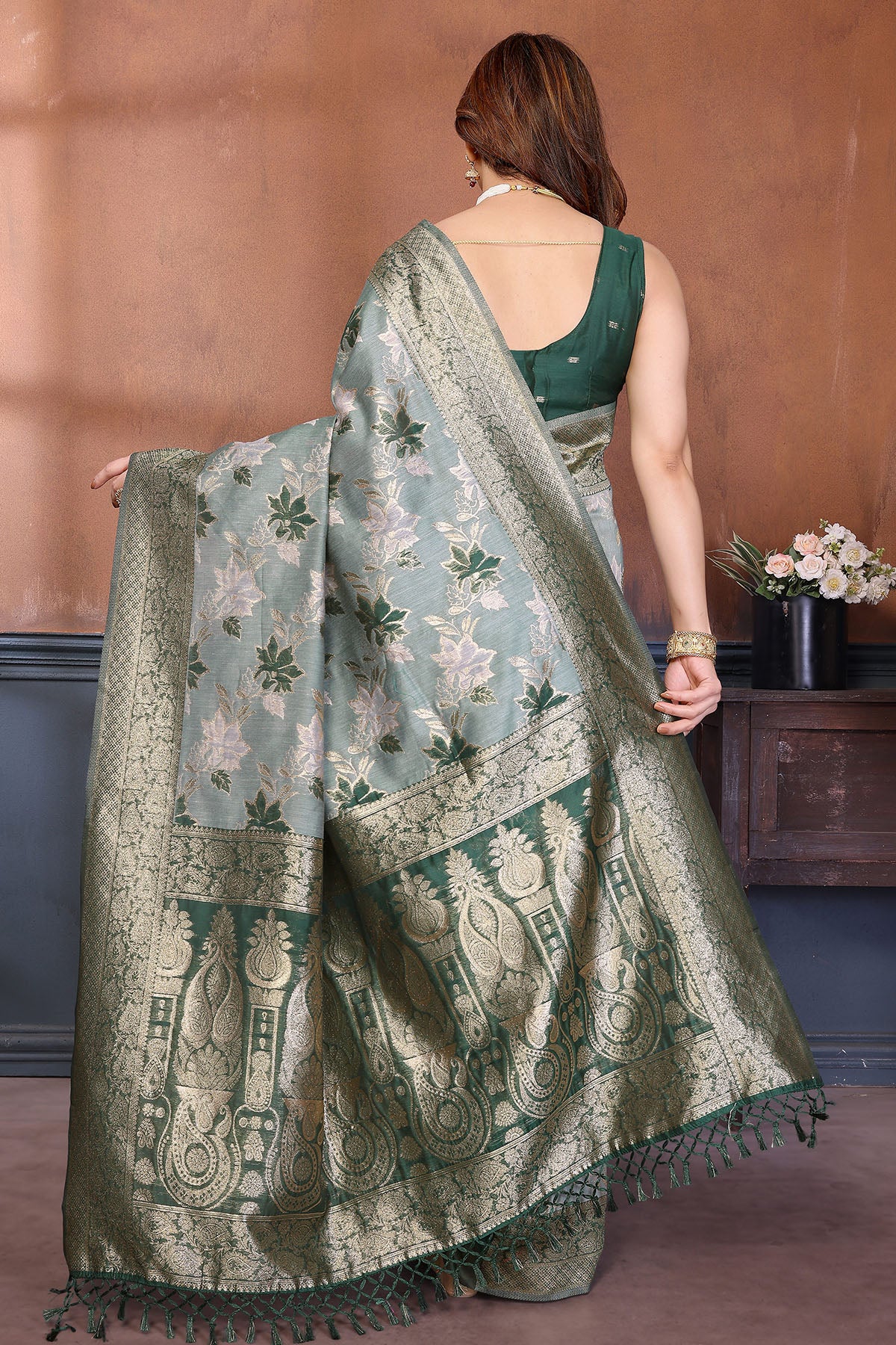 Green Zari Weave Tassel Saree