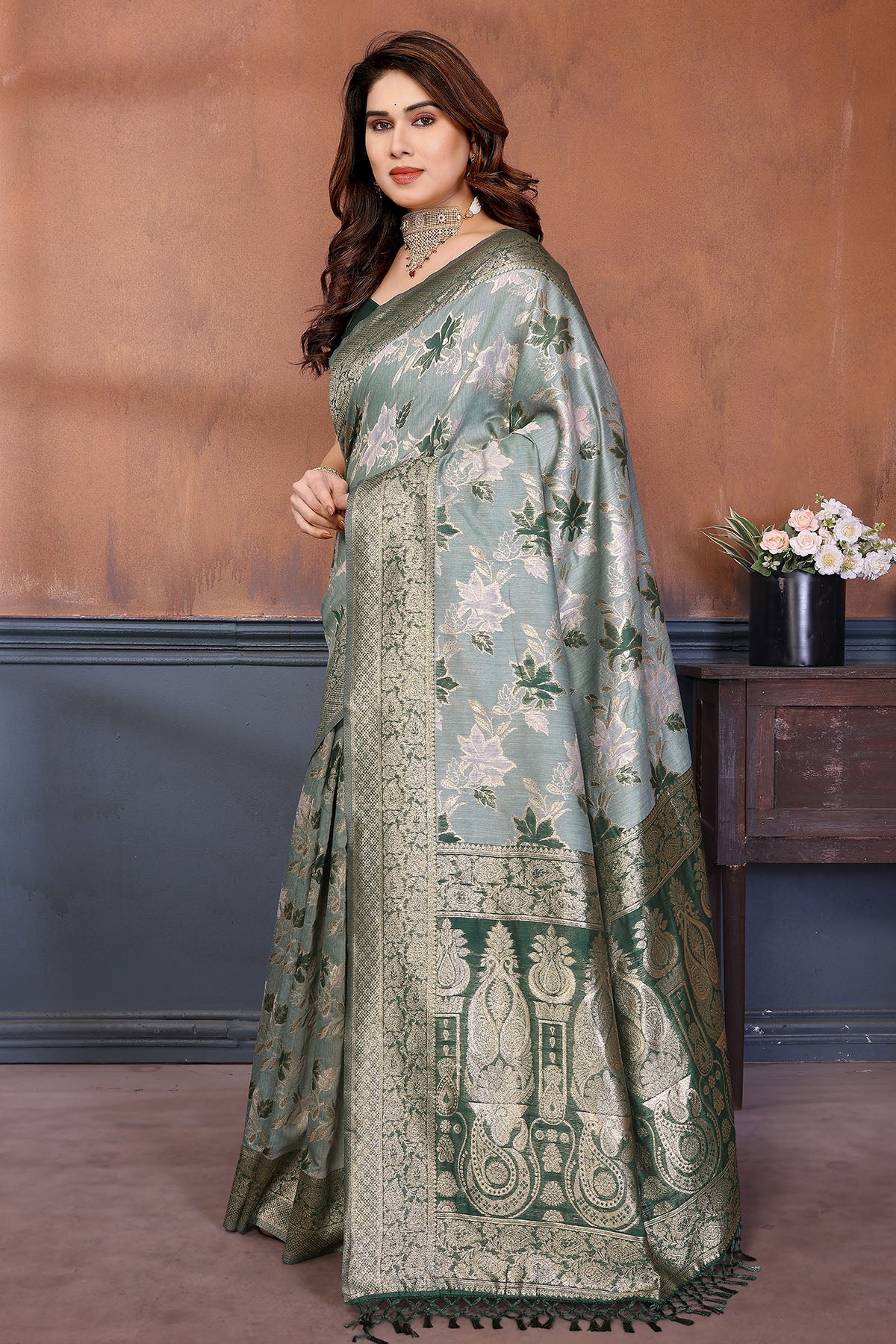 Green Zari Weave Tassel Saree