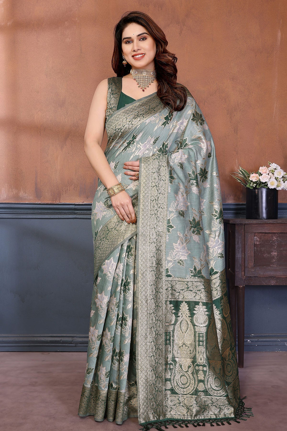 Buy Green Zari Weave Tassel Saree for women by Aastha Fashion online available at scrollnshops