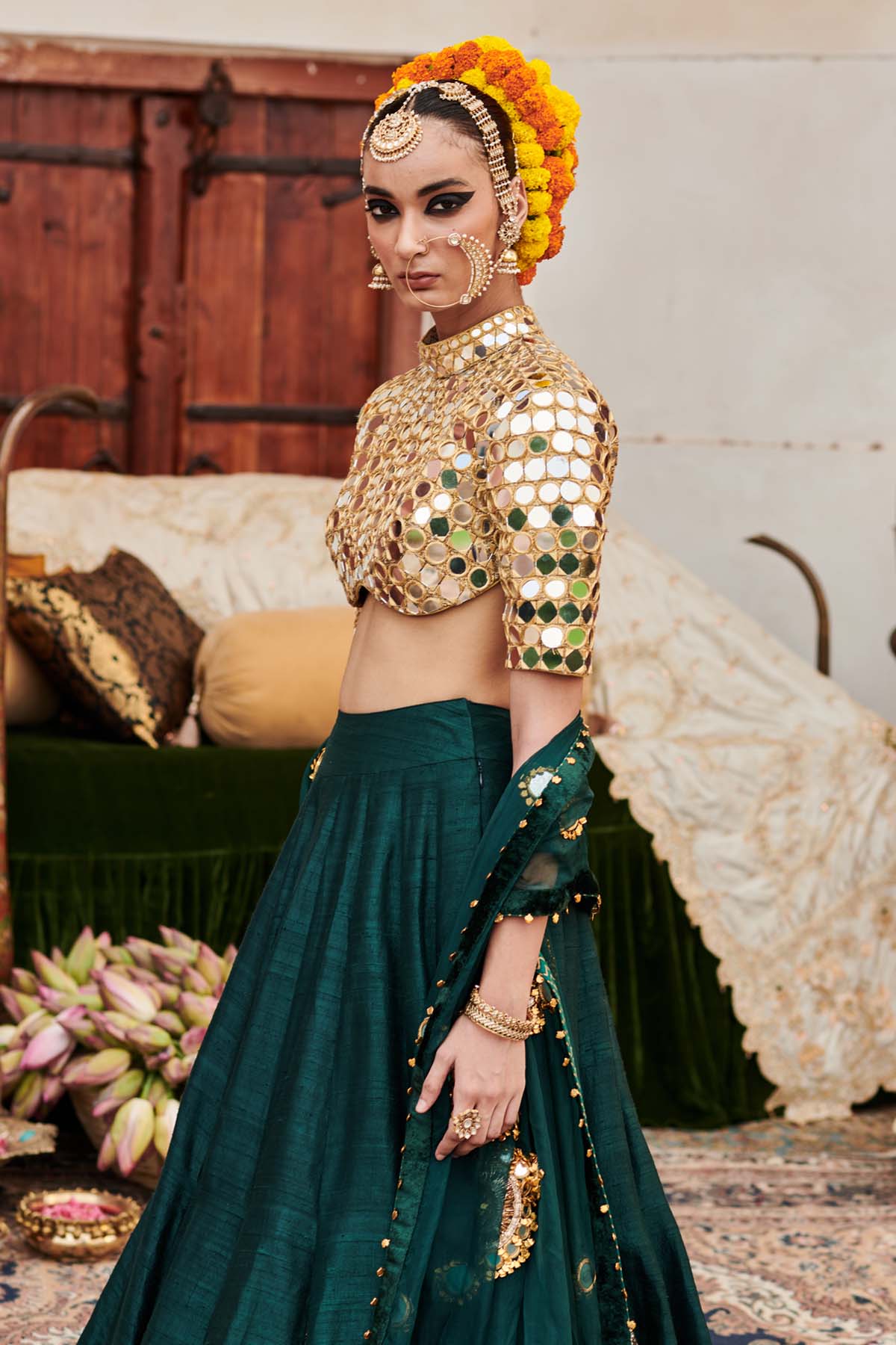 Green Zero Neck Lehenga Set