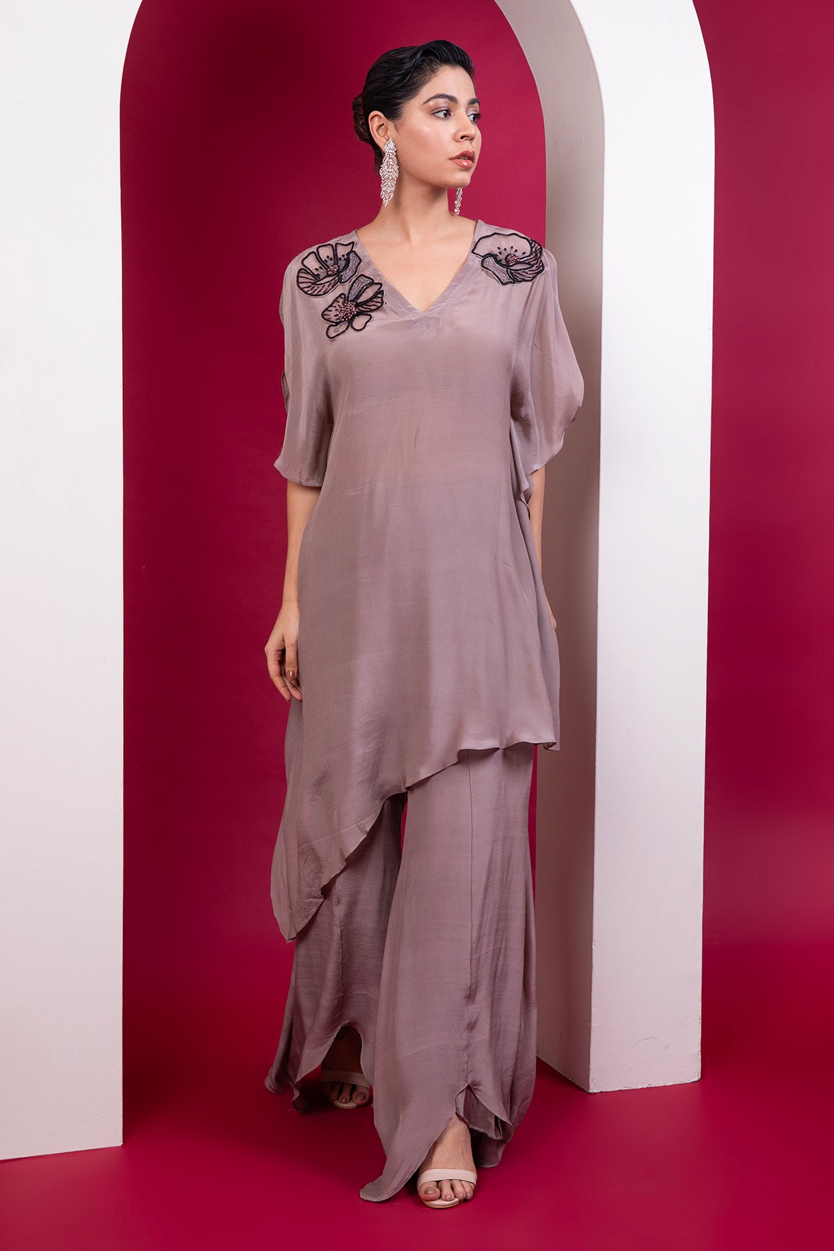 Greige Asymmetrical Kaftan Set