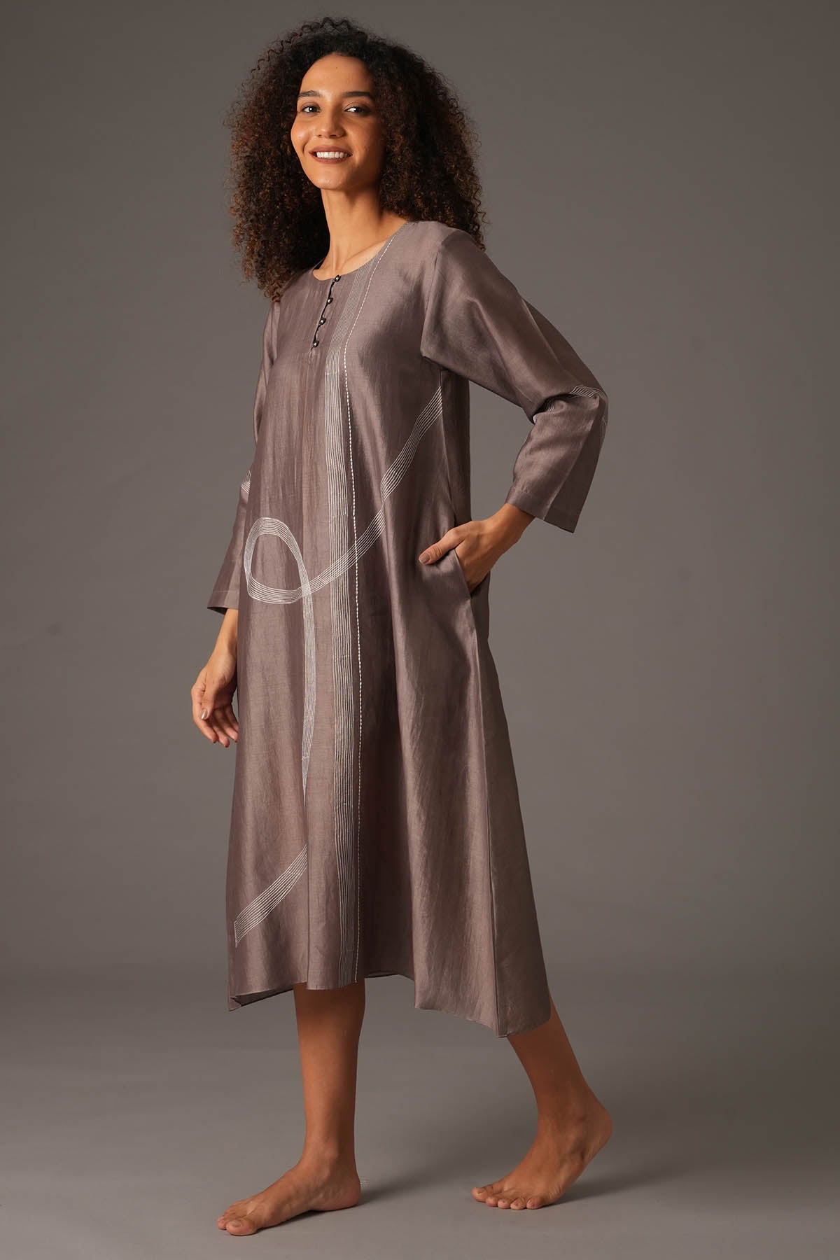 Greige Chanderi Silk Midi Dress