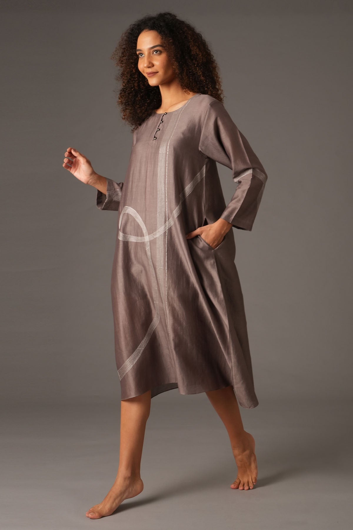 Greige Chanderi Silk Midi Dress