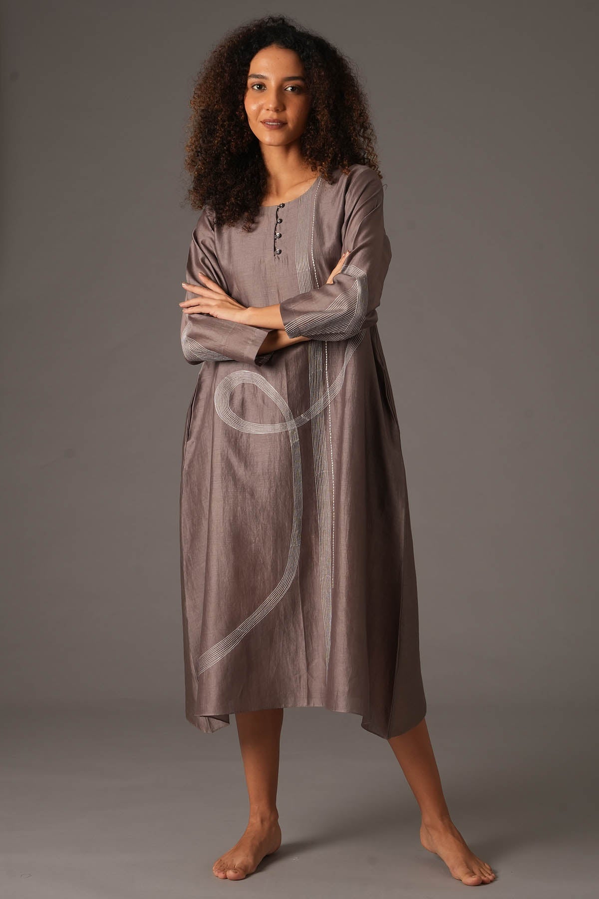 Khat Clothing Greige Chanderi Silk Midi Dress for women online at ScrollnShops