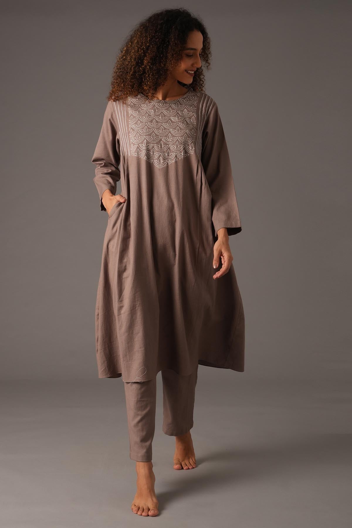 Buy Designer Greige Embroidered Kurta & Pants Online