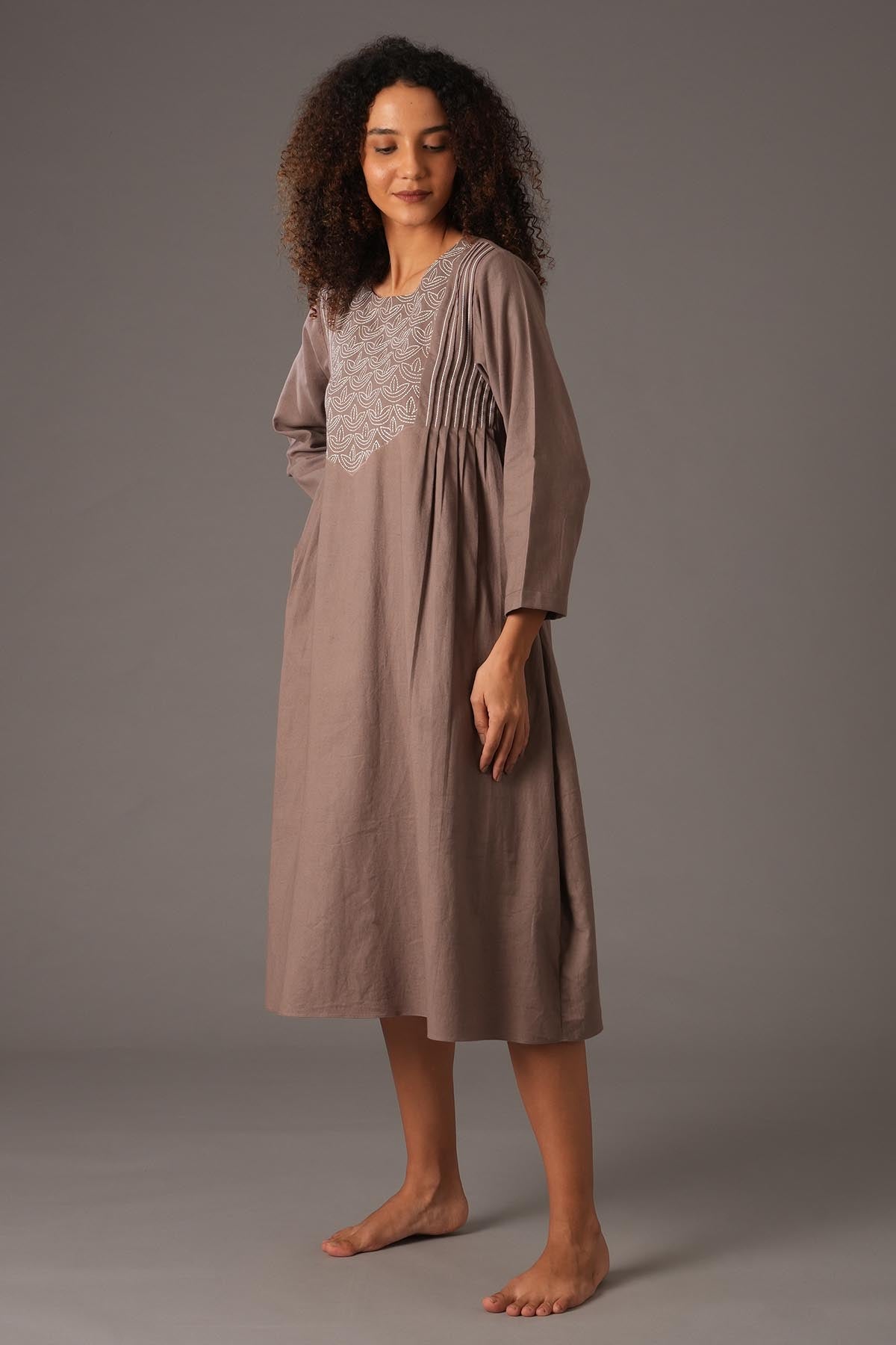 Greige Embroidered Midi Dress