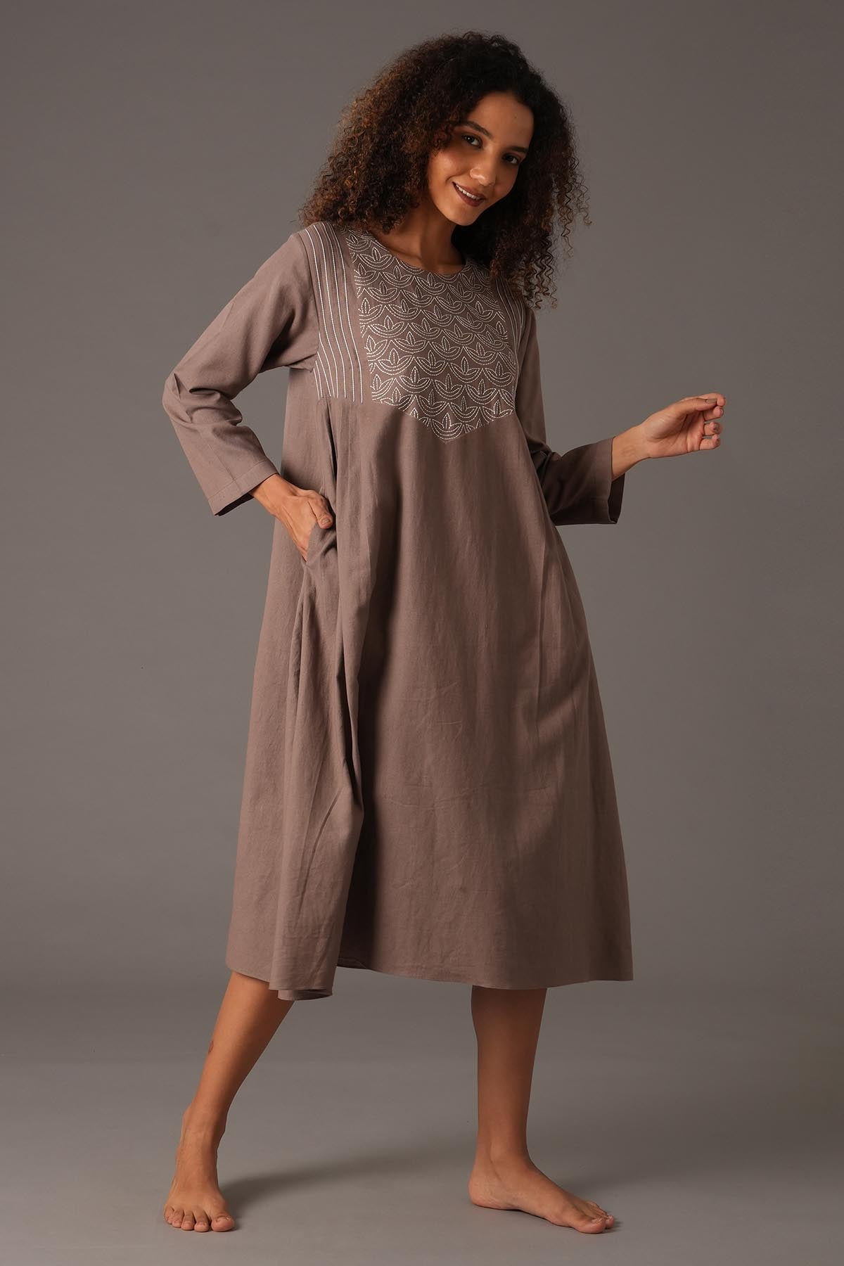 Greige Embroidered Midi Dress