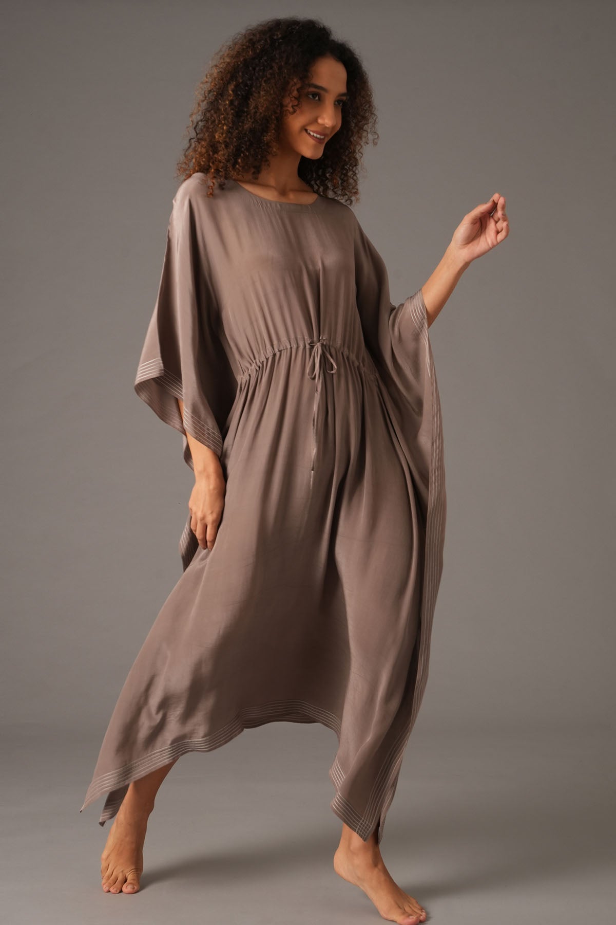 Greige Round Neck Tie-Up Kaftan