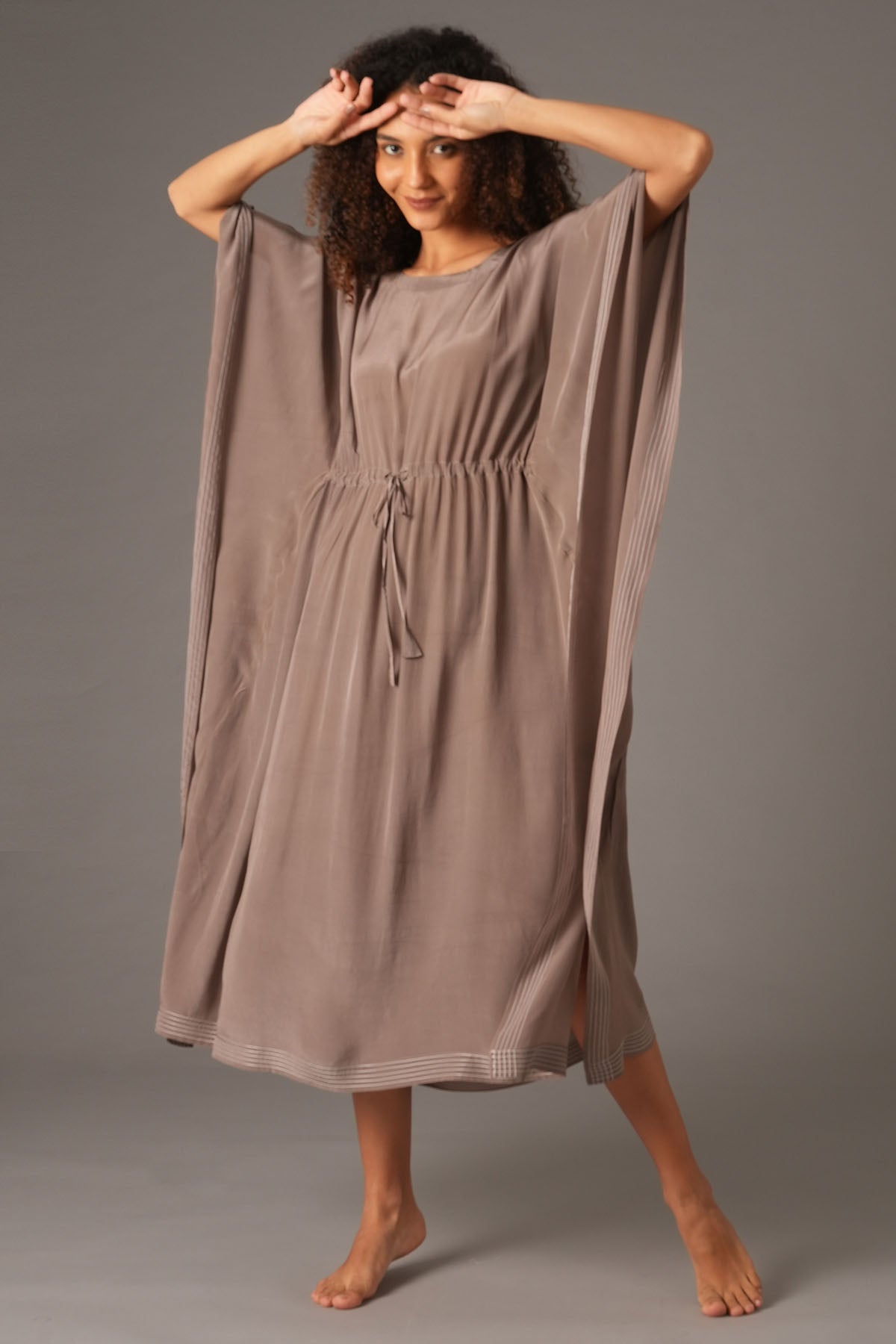 Khat Clothing Greige Round Neck Tie-Up Kaftan for women online at ScrollnShops