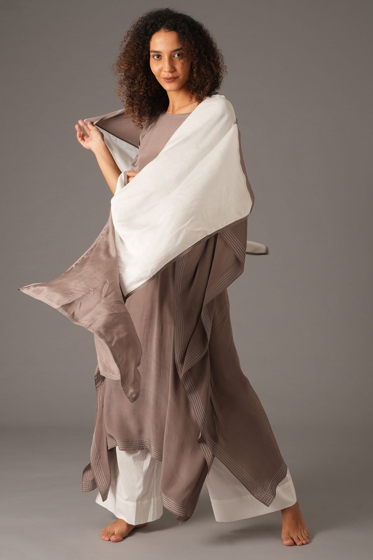 Greige Tie-Up Long Kaftan Set