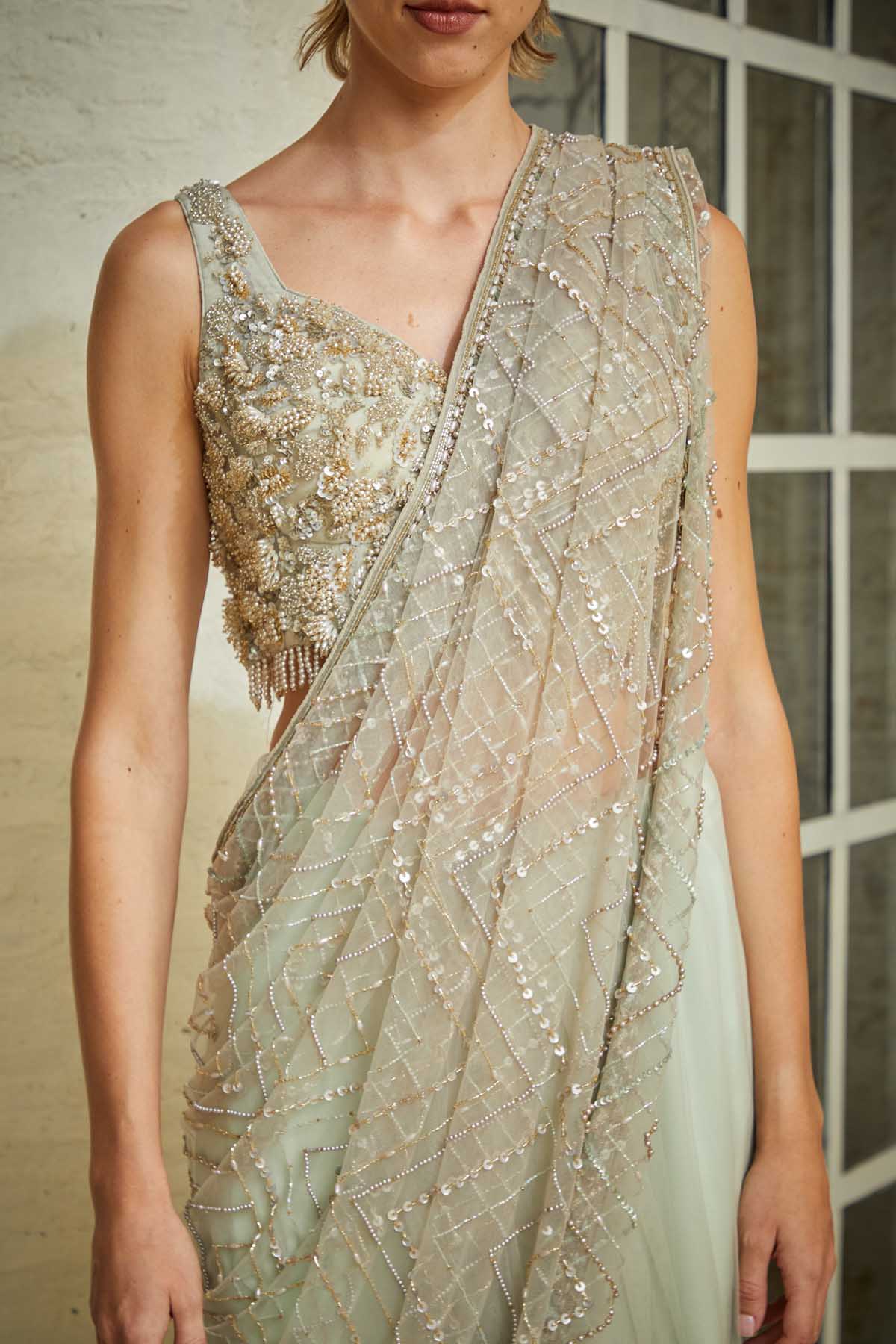 Greish White Embroidered Saree Set