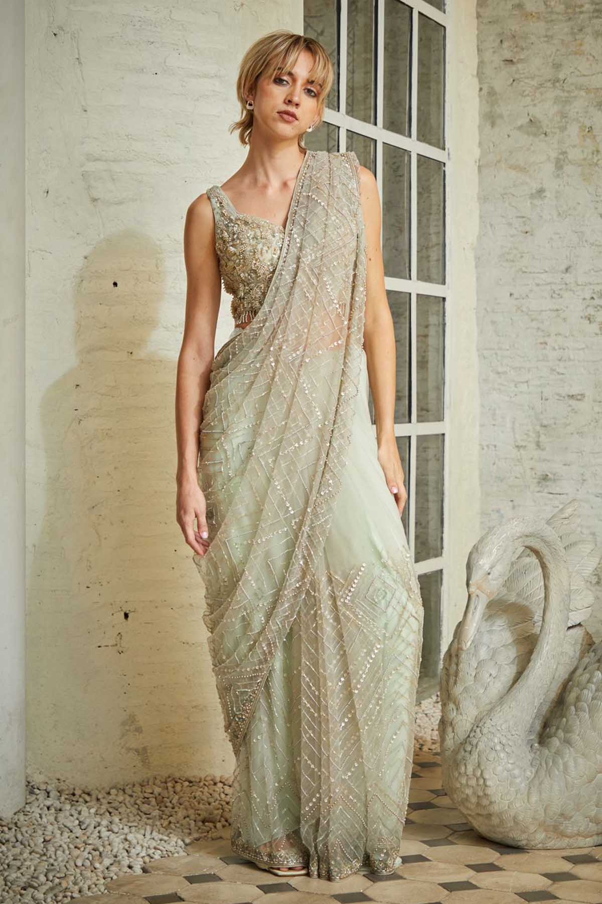 Greish White Embroidered Saree Set