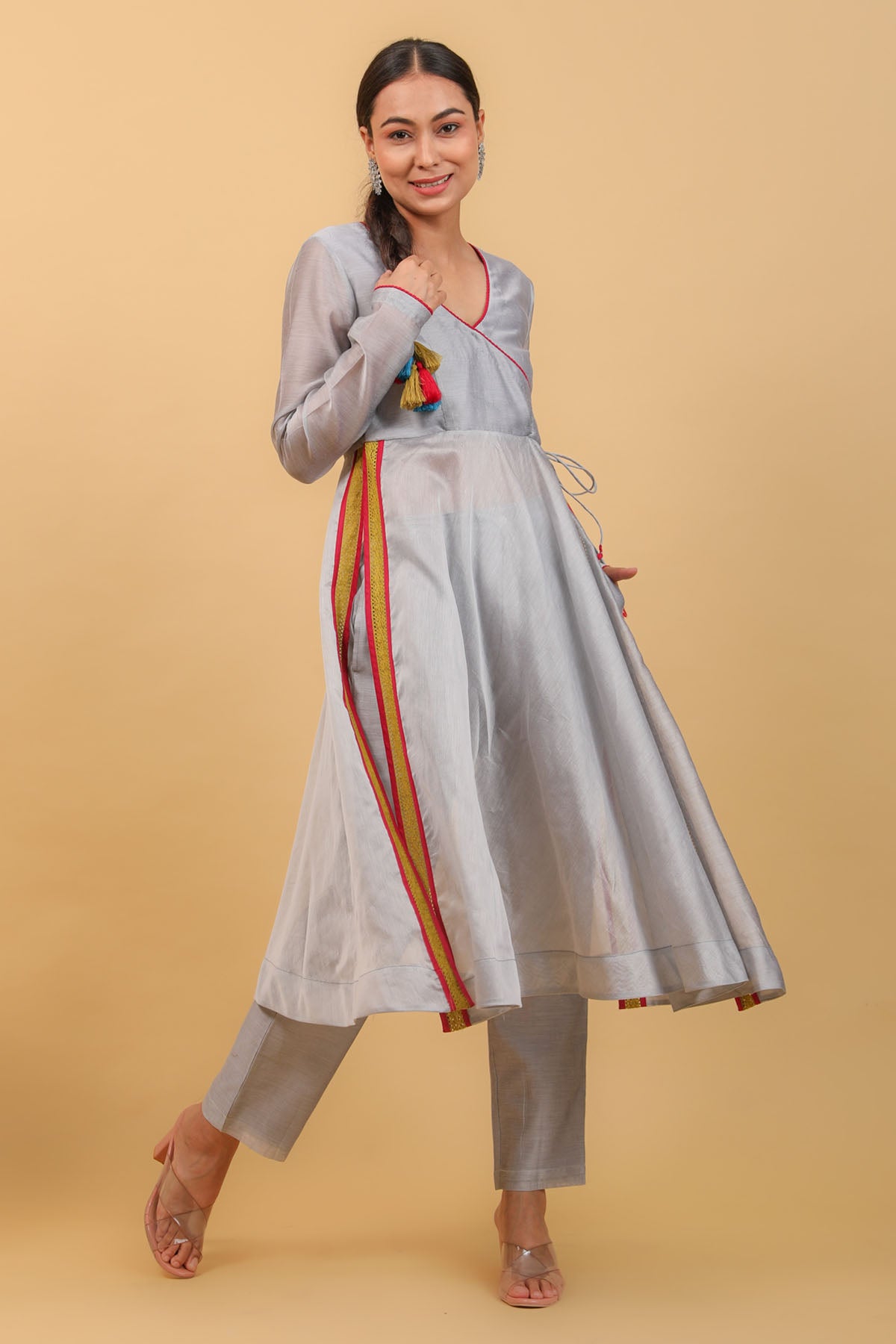 Grey Angrakha Style Anarkali Set