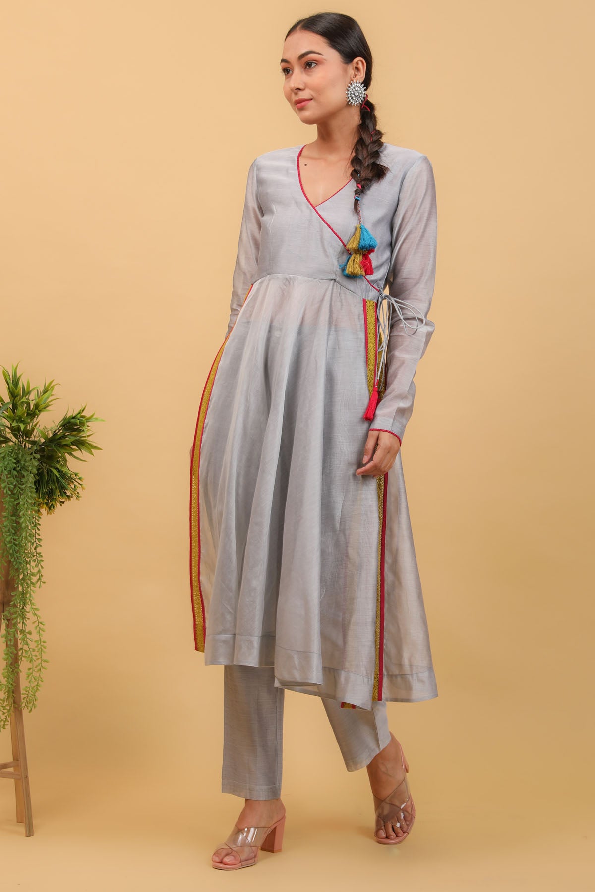 Grey Angrakha Style Anarkali Set