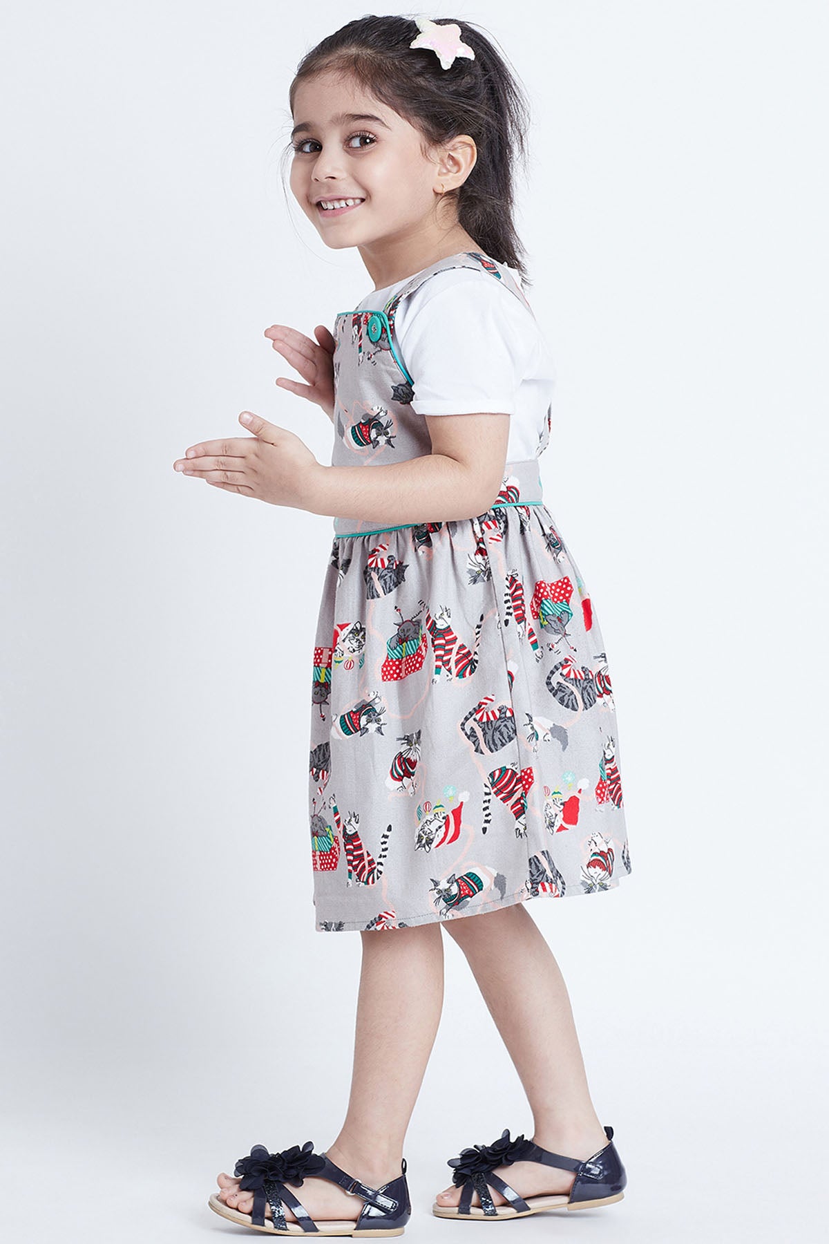 Grey Cat Printed Straps Dress